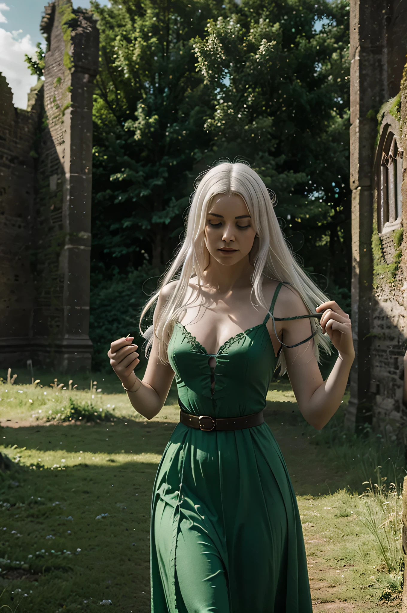 Magic Effects, ruins, paisagem verde, acampamento, florest, vibe medieval, usando magia, garota, dramatic lights, Cena do filme, flutuando, cabelo branco