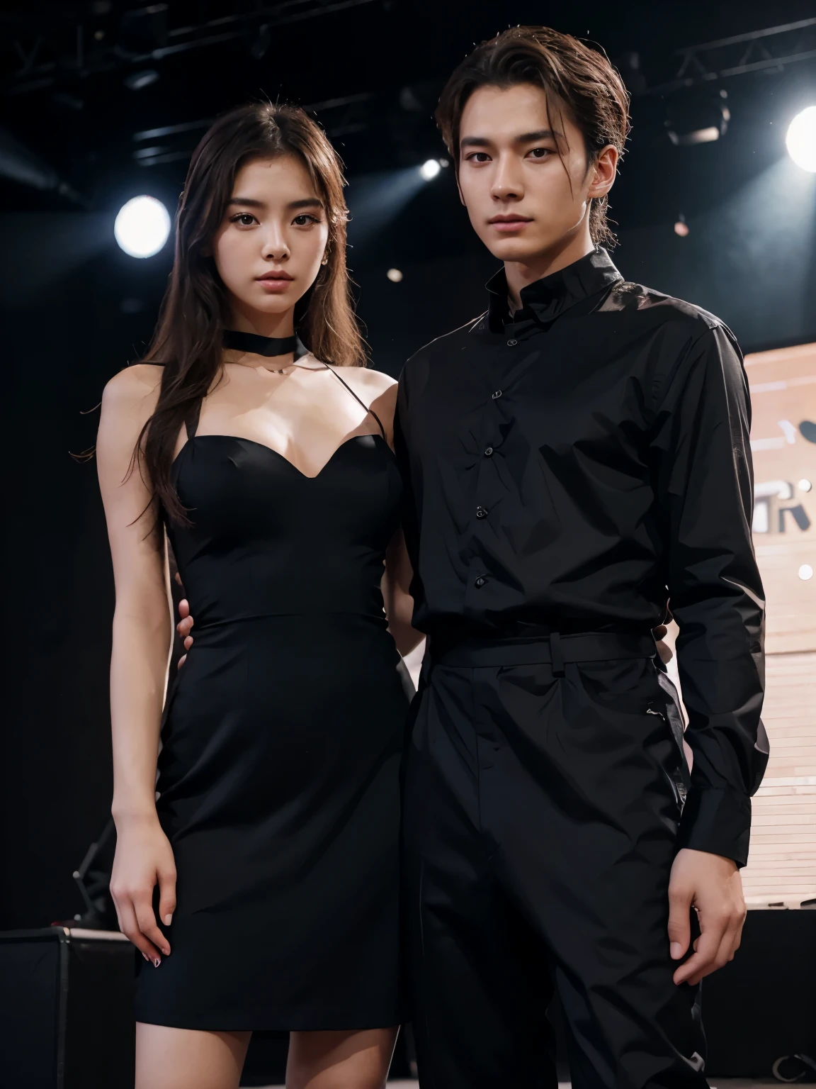 a man and a woman standing next to each other on a music band festival stage, an image, inspired by Adam Dario Keel, which is trending in the cg community, beautiful young Korean woman dressed in a black long party dress movie screencap, model elisajes from acquamodels