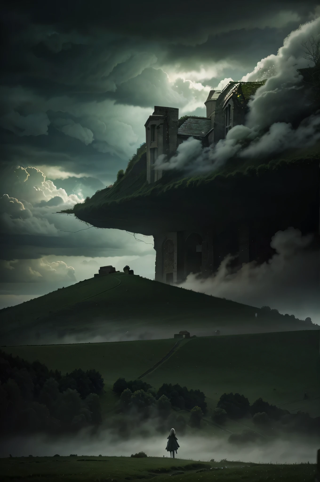 garota, chovendo, storm vibration, dragon shadow among the clouds, nublado, Magic Effects, ruins, paisagem verde, acampamento, florest, vibe medieval, usando magia, garota, dramatic lights, Cena do filme, flutuando, cabelo branco