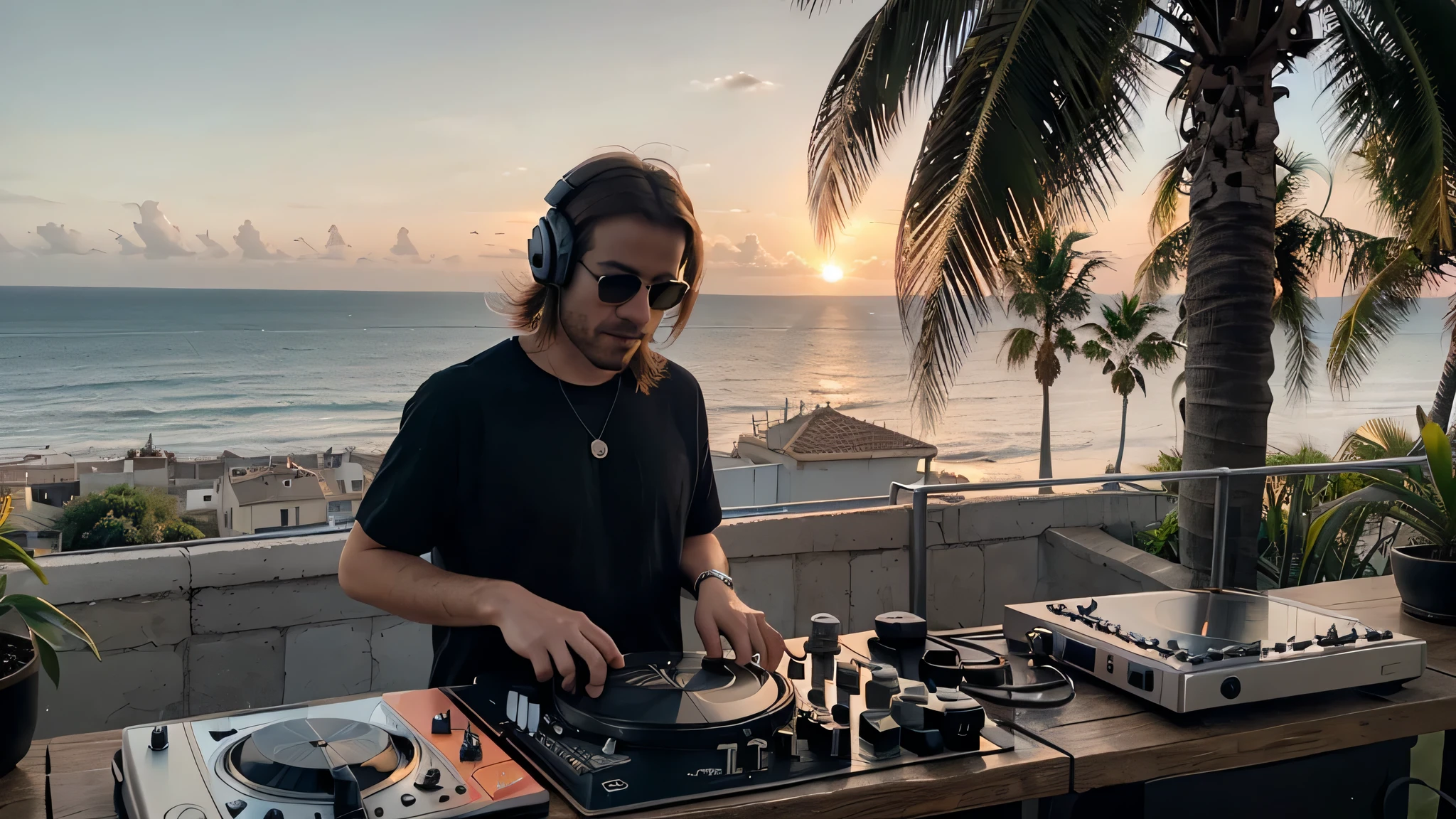 Imagine a cool and focused DJ, En plein air, portant des lunettes de soleil et un casque audio sur les oreilles, symbole de sa connexion profonde avec la musique qu'il mixe. Il se tient devant une table de mixage, en premier plan, sous un ciel aux couleurs douces de fin de journée. Palm trees stand in the background, drawing silhouettes on the sky tinted with pink and&#39;orange, créant une atmosphère détendue mais vibrante.

Sunset light shines on the DJ&#39;le visage, mettant en évidence les détails de son casque et ses équipements, tout en offrant un doux contraste avec l&#39;slightly blurred background. Cette composition souligne la fusion entre la passion de la musique et le cadre naturel exotique, inviting him&#39;escape and joy.