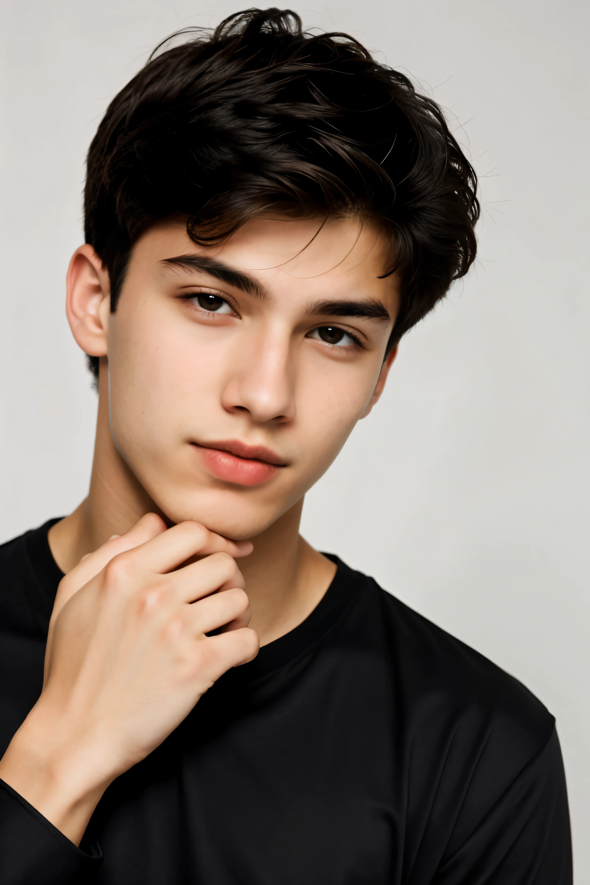 um garoto de muito bonito e atraente, with a black shirt with red details and his right hand on his face as a pose