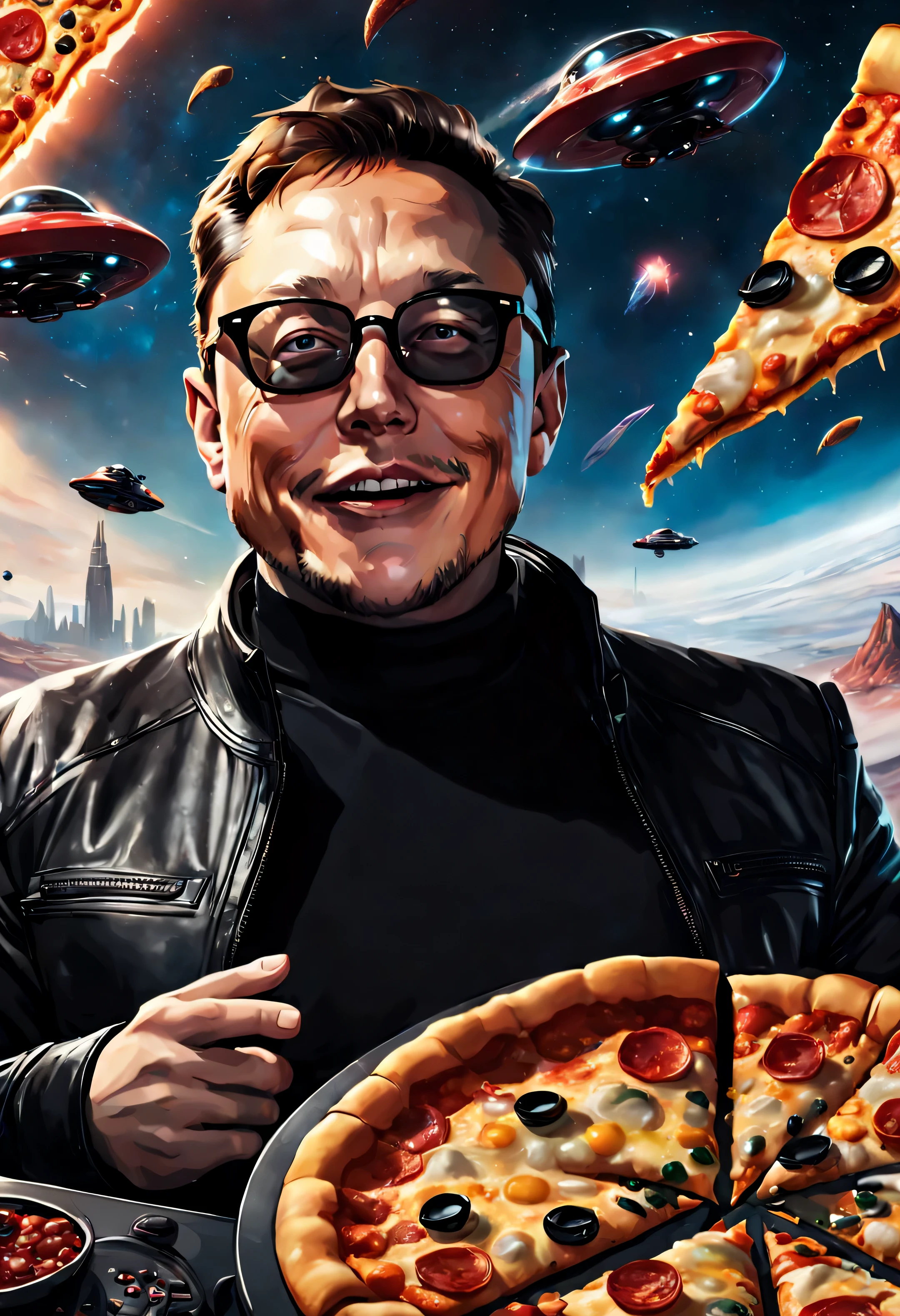 A cinematic and immersive image portrays Elon Musk, o magnata da tecnologia, segurando uma pizza colossal. He is dressed in his black turtleneck and glasses., irradiando um sorriso contagiante. uma pizza, of epic dimensions, is adorned with a variety of toppings that evoke flavors from around the world. Ao fundo, uma paisagem urbana futurista se desdobra, complete with flying cars and a space capsule taking off, simbolizando os diversos empreendimentos de Musk. The atmosphere that permeates the image is one of pure extravagance and celebration.., a fusion of cinematic elements, fotografia, 3D rendering and illustration that captivates the viewer.