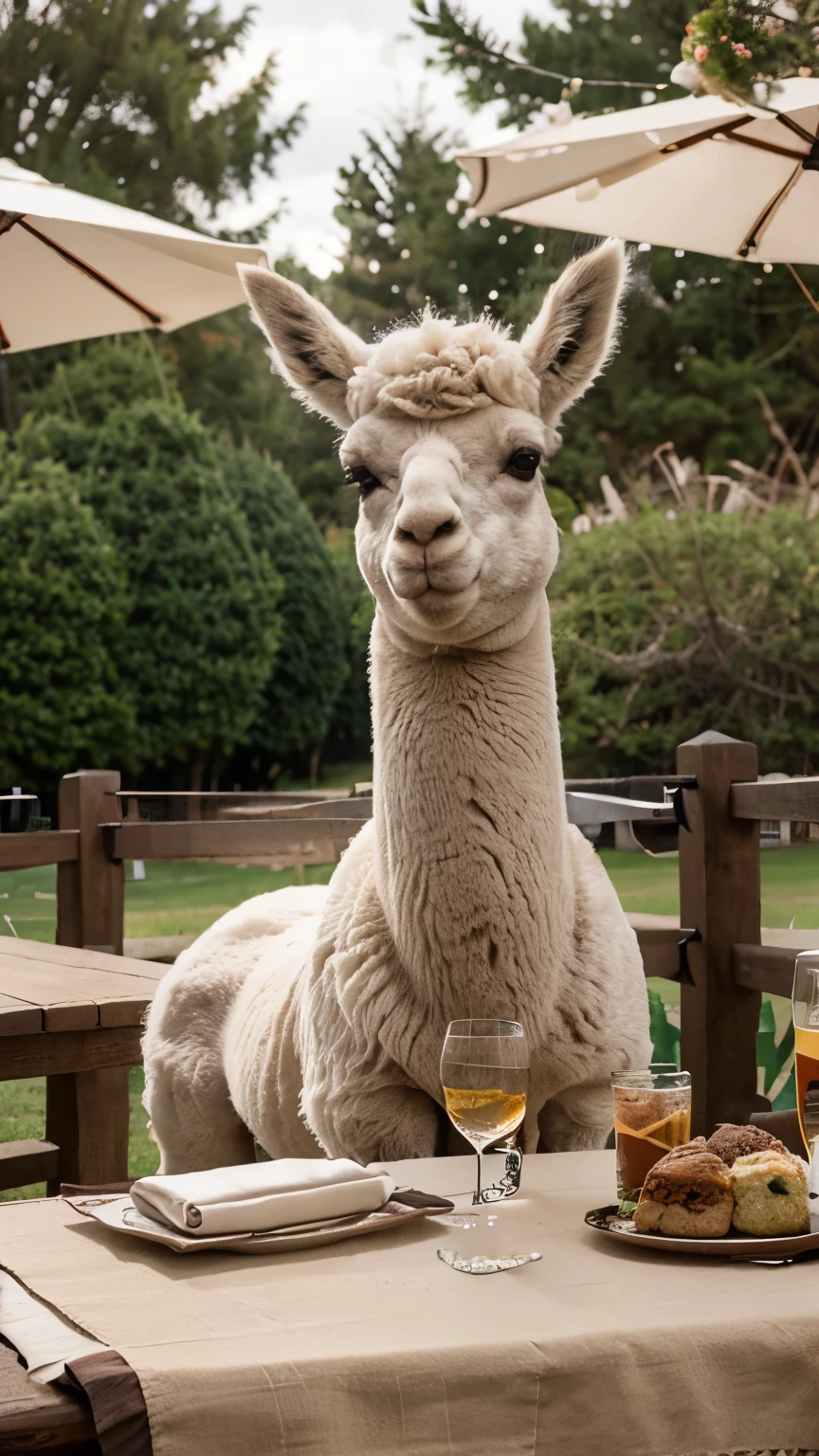 there are two llamas sitting at a table with plates of food, alpaca, alpaca sculpture, cafe for felted animals, shot with sony alpha 1 camera, captured on canon eos r 6, taken with sony alpha 9, shot on sony a 7 iii, they are close to each other, llama, llama all the way, beautiful faces, shot on leica sl2