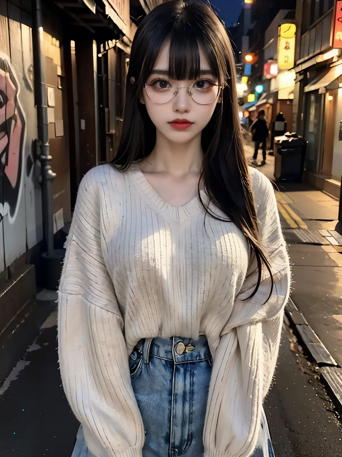 raw photo, 8k, (top-quality), Realistic, (real picture, Intricate details), (natural skin texture, detailed skin, hyper realism, sharpness), (glasses Japanese teenage girl standing in a dirty back alley at night, graffitied wall:1.3), ((white hand-knitted long sweater, v-neck sweater)), (pale skin:1.2, slender body), ((long straight hair, blunt bangs)), (glasses seductive face, provocative look, Parted lips:1.3, eye shadow, eyeliner, tear bag:1.2, red lipstick), graffiti:1.5, night time, spot lighting:1.3, upper body shot