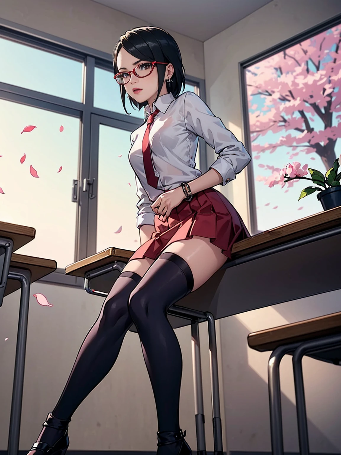 ((1girl, solo ,alone, Sarada Uchiha, short hair, ((dark eyes, bracelets, ruby earrings, black eyes, glasses, small , sitting at a table, legs crossed, uchiha sarada)), ((solo, 1woman, pink lipstick, Extremely detailed, ambient soft lighting, 4k, perfect eyes, a perfect face, perfect lighting, a 1girl)), austere, (((JC girl, hands on waist, school uniform, socks Thigh High), school uniform, dress shirt, white shirt, red striped tie, low heels, long socks, black socks, school, classroom, red skirt, skirt)), ((classroom background, window, garden, cherry blossoms, flowers, open windows))