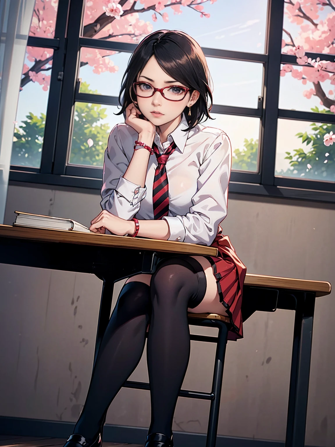 ((1girl, solo ,alone, Sarada Uchiha, short hair, ((dark eyes, bracelets, ruby earrings, black eyes, glasses, small breasts, sitting at a table, legs crossed, uchiha sarada)), ((solo, 1woman, pink lipstick, Extremely detailed, ambient soft lighting, 4k, perfect eyes, a perfect face, perfect lighting, a 1girl)), austere, (((JC girl, hands on waist, school uniform, socks Thigh High), school uniform, dress shirt, white shirt, red striped tie, low heels, long socks, black socks, school, classroom, red skirt, skirt)), ((classroom background, window, garden, cherry blossoms, flowers, open windows))