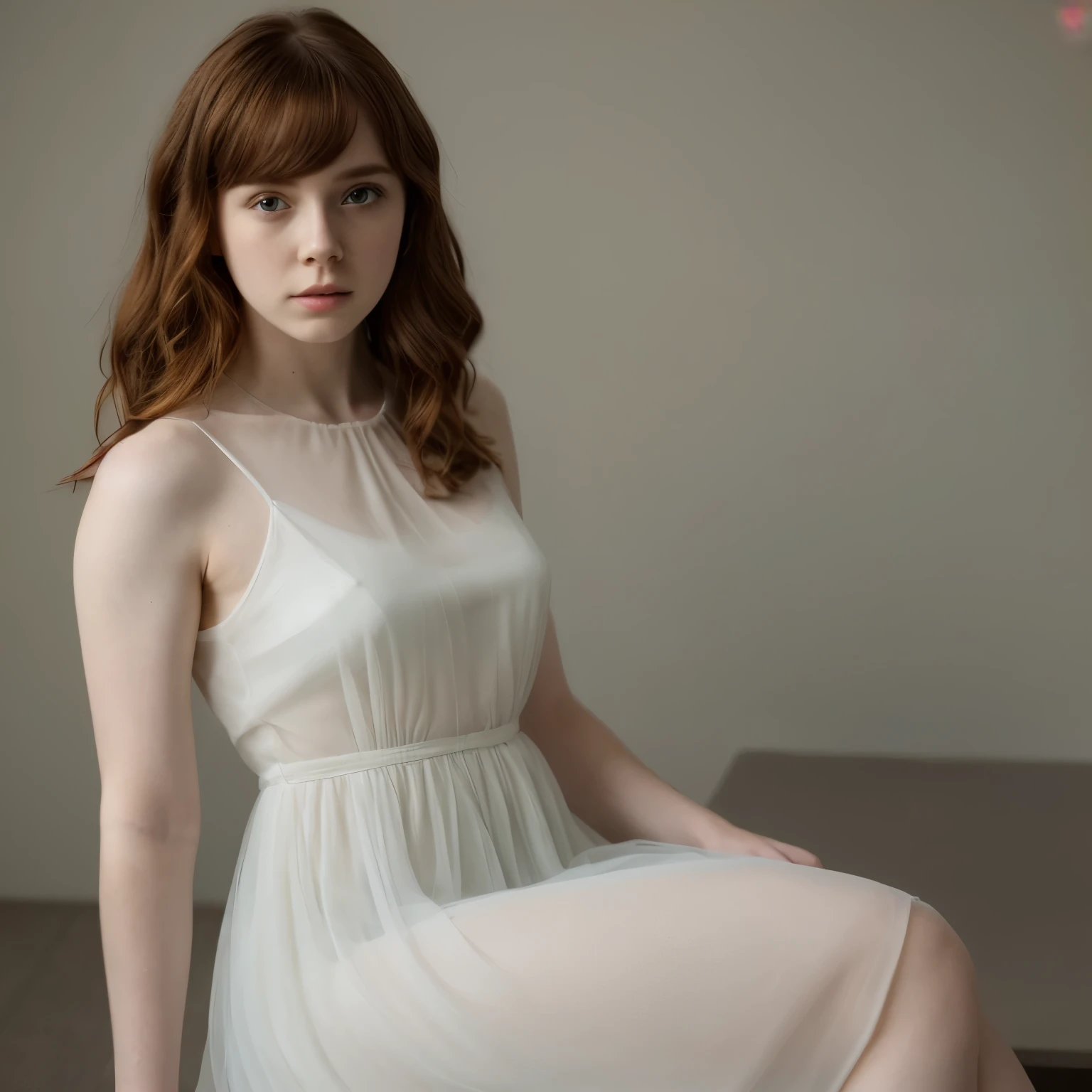 Sophia Lillis, thick and strong, translucent sheer dress, pale skin, long wavy hair 