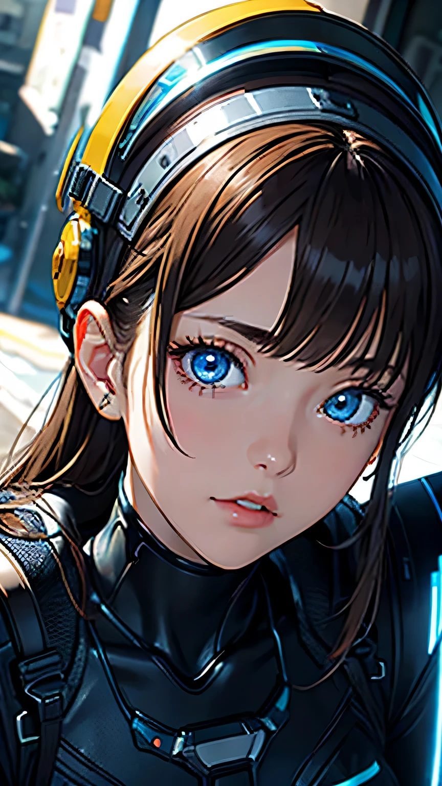 masterpiece,  最high quality, , (alone), 1 girl, look up, dim light, , horizon_(apex legend), goggles, blue eyes, brown hair, gauntlet, shoulder armor, Helmet, (science_fiction), outdoors, street, neon light, cyber punk, masterpiece, 最high quality, high quality, High resolution, (((close up of face、