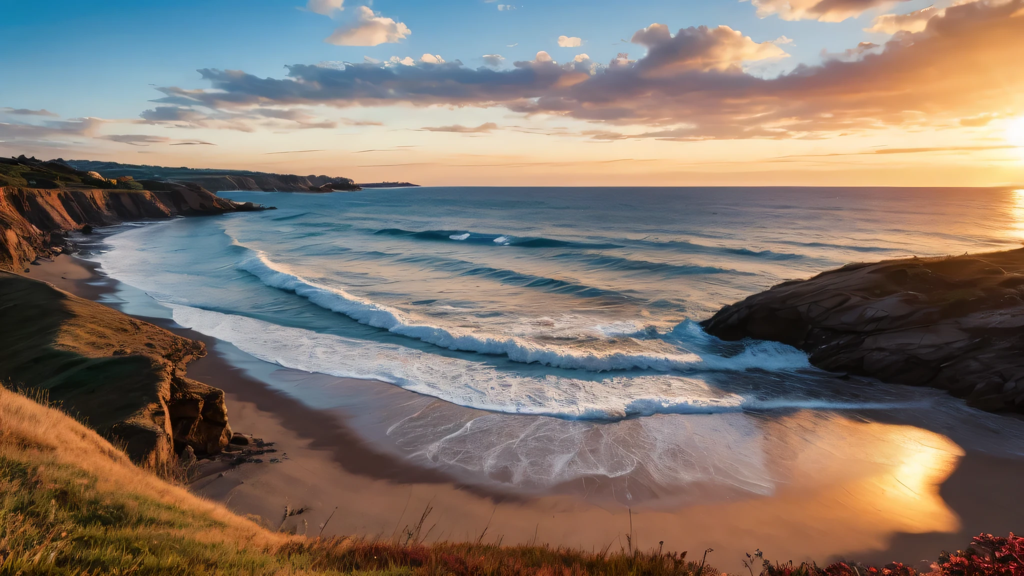 Une plage au coucher du soleil, with warm colors dominating and a slight breeze lifting its coat.