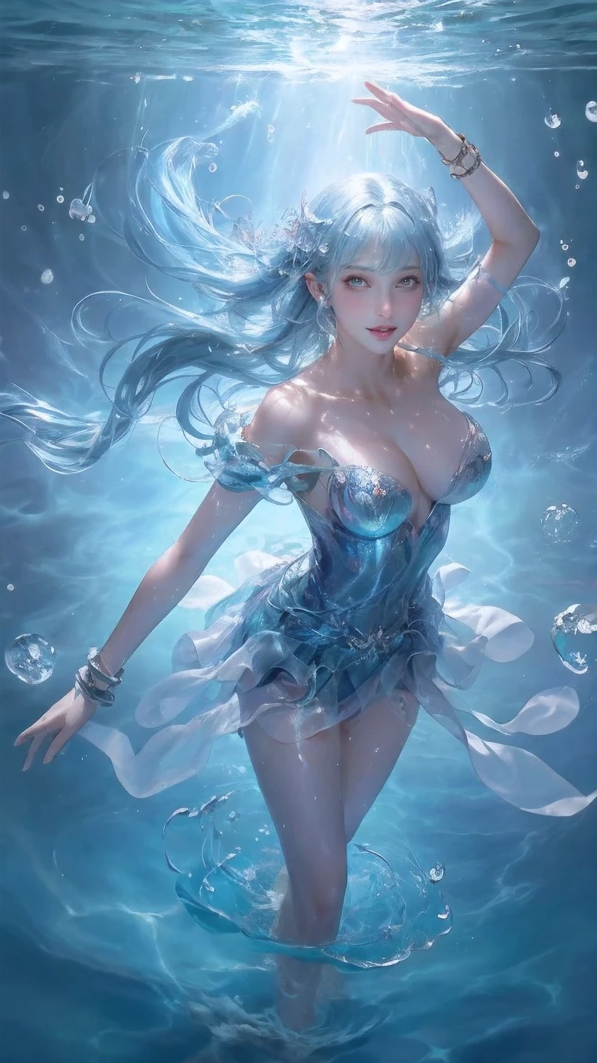 1girl, battle_aura, helical_visible_aura full of background,cool and powerful pose,Capital of Water, bracelet made of water around hands,Magic Circle,aqua_aura,floating hair,floating water droplets surronding,chromatic aberration, dark intense shadows,sharp focus,studio lighting,theatrical point of view,looking at viewer,