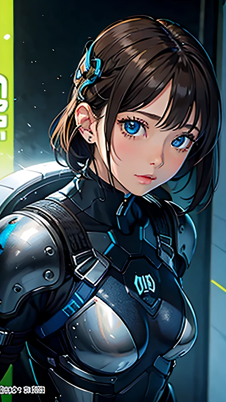 masterpiece, 最high quality, , (alone), 1 girl, look up, dim light, , horizon_(apex legend), goggles, blue eyes, brown hair, gauntlet, shoulder armor, Helmet, (science_fiction), outdoors, street, neon light, cyber punk, masterpiece, 最high quality, high quality, High resolution, (((close up of face、