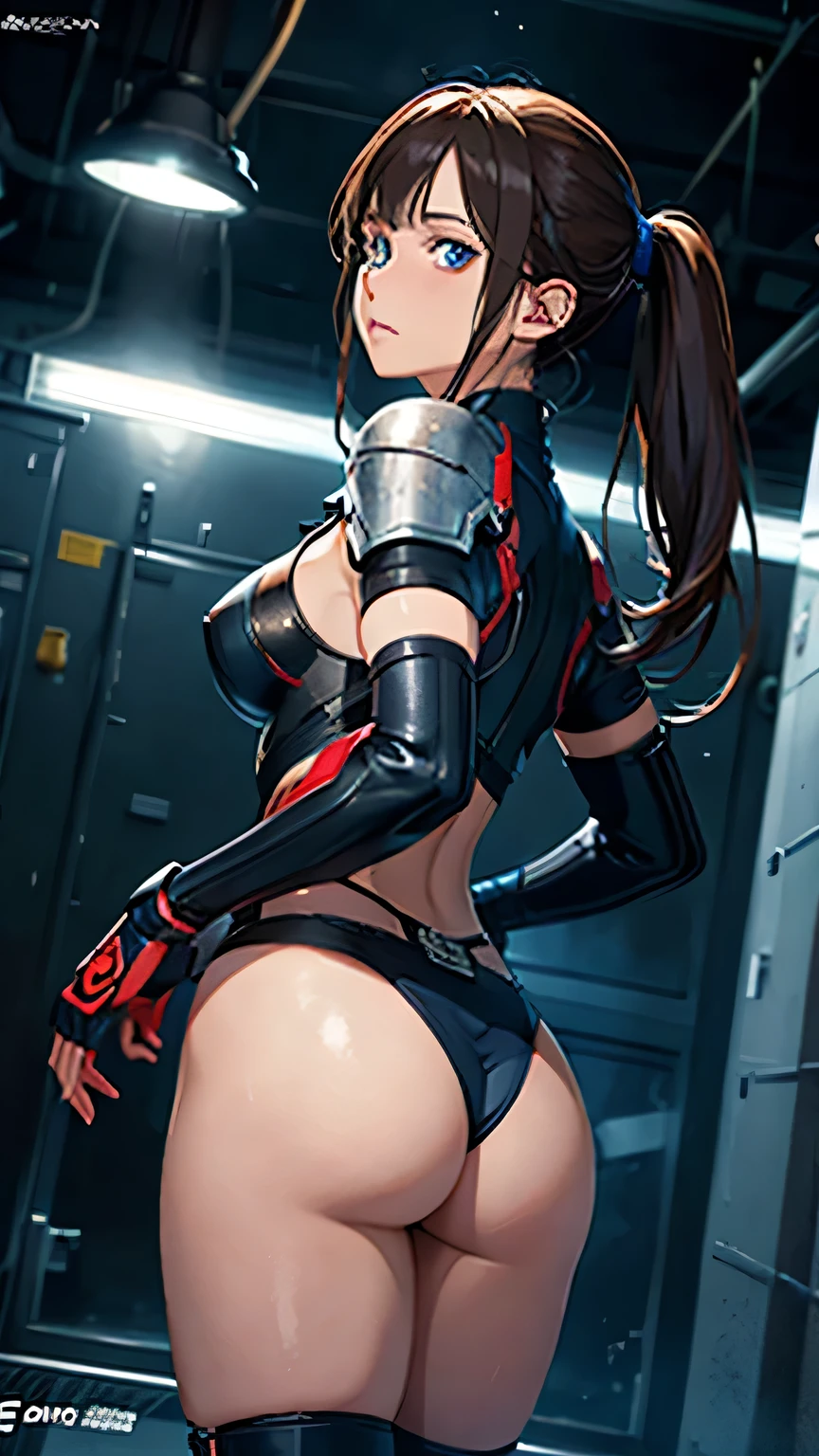 masterpiece, 最high quality, , (alone), 1 girl, look up, dim light, , horizon_(apex legend), goggles, blue eyes, brown hair, gauntlet, shoulder armor, Helmet, (science_fiction), outdoors, street, neon light, cyber punk, masterpiece, 最high quality, high quality, High resolution, (((close up of face、