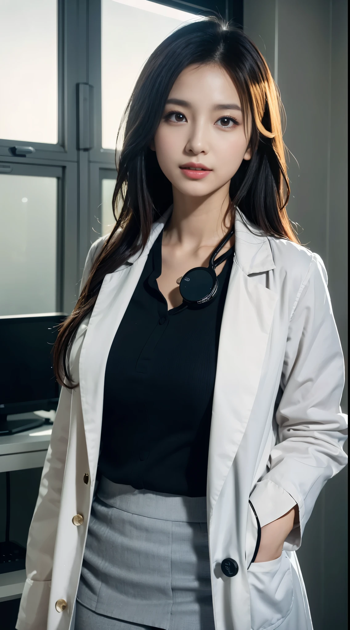 Photorealistic beautiful doctor、amazingly beautiful、doctor&#39;s white coat, collared shirt、(highest quality、8k、32K、masterpiece、nffsw:1.3)、ultra high resolution,(Photoreal:1.4),RAW photo, detailed face,,beautiful hair, ((doctor style)), , black tight skirt、 natural makeup,, big and full breasts、Inside the hospital, detailed background, perfect lighting, written boundary depth, beautiful shadow gradation,Stethoscope ,