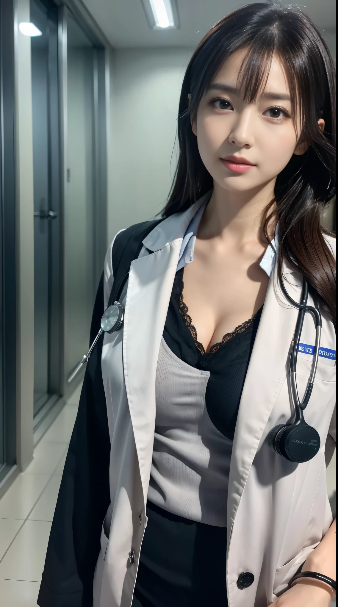 Photorealistic beautiful doctor、amazingly beautiful、doctor's white coat, collared shirt、(highest quality、8k、32K、masterpiece、nffsw:1.3)、ultra high resolution,(Photoreal:1.4),RAW photo, detailed face,,beautiful hair, ((doctor style)), , black tight skirt、 natural makeup,, big and full breasts、Inside the hospital, detailed background, perfect lighting, written boundary depth, beautiful shadow gradation,Stethoscope ,