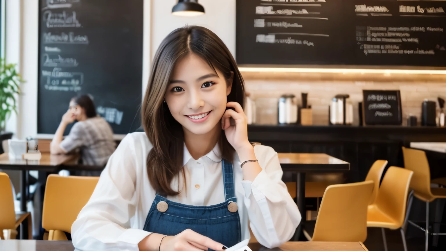 ((最high quality, 8k, masterpiece: 1.3)), perfect face,Inside a stylish cafe in New York、A scene where a beautiful woman like a model is drinking a latte and studying on a laptop.,everything around you, I see other customers enjoying themselves.。At the back of the cafe、Staff are busy working at the counter.、You can feel the vibrancy and stylish luxury of a city cafe.., sharp focus, 1 girl, sexy 1.2, , (big: 1.5), fine eyes, Beautiful eyes with slit length, double eyelid, (cat face), (cute Face), cute Smile, (close your mouth), (cute), soft skin, show the whole body, surreal, Super detailed, high quality, (Beautiful female college student studying in a cafe), ((詳細な非常にcute女子大生)), ((胸は隠れているけど服の上から解るぐらいbig胸)),Gaze at your boyfriend