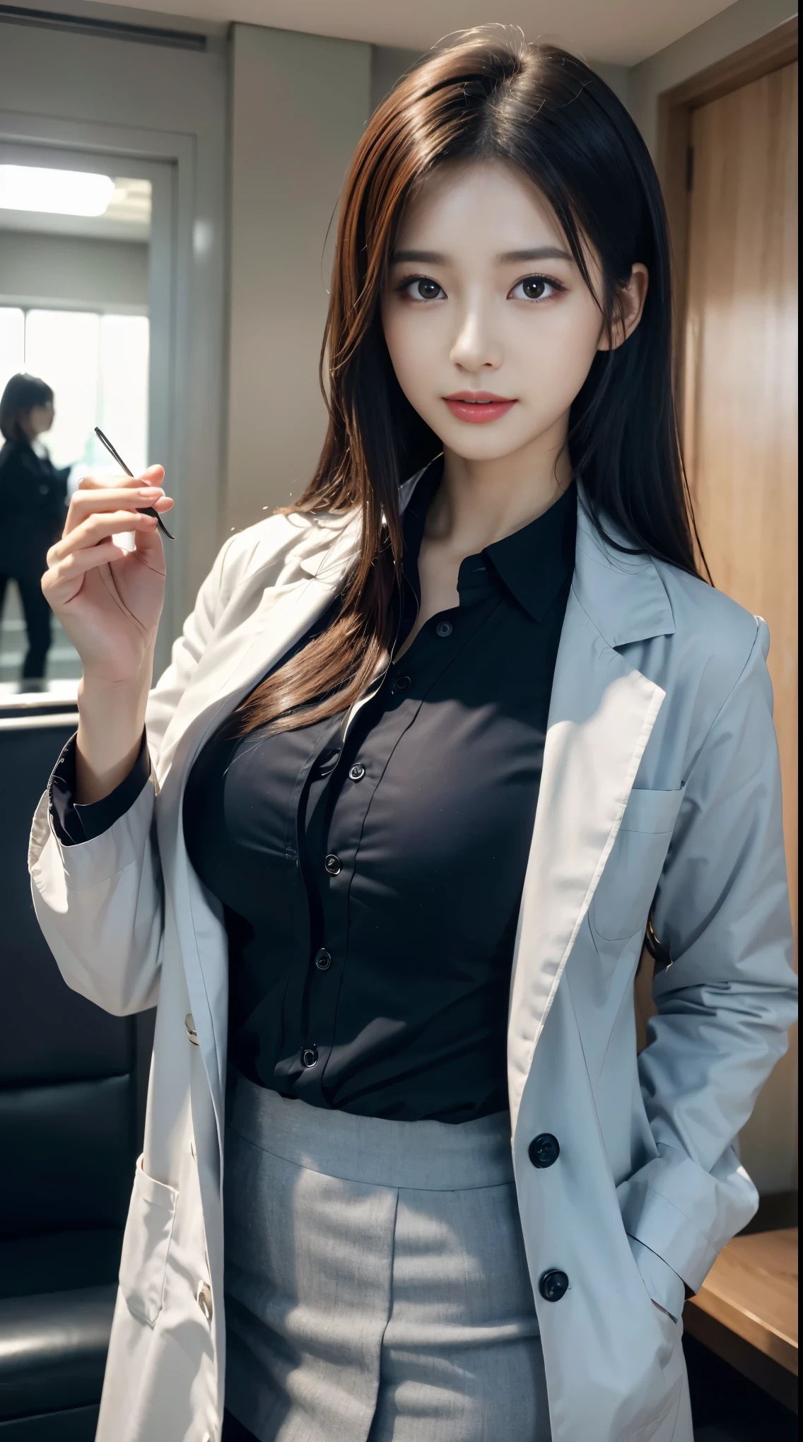 Photorealistic beautiful doctor、amazingly beautiful、doctor's white coat, collared shirt、(highest quality、8k、32K、masterpiece、nffsw:1.3)、ultra high resolution,(Photoreal:1.4),RAW photo, detailed face,,beautiful hair, ((doctor style)), , black tight skirt、 natural makeup,, big and full breasts、Inside the hospital, detailed background, perfect lighting, written boundary depth, beautiful shadow gradation,Stethoscope ,