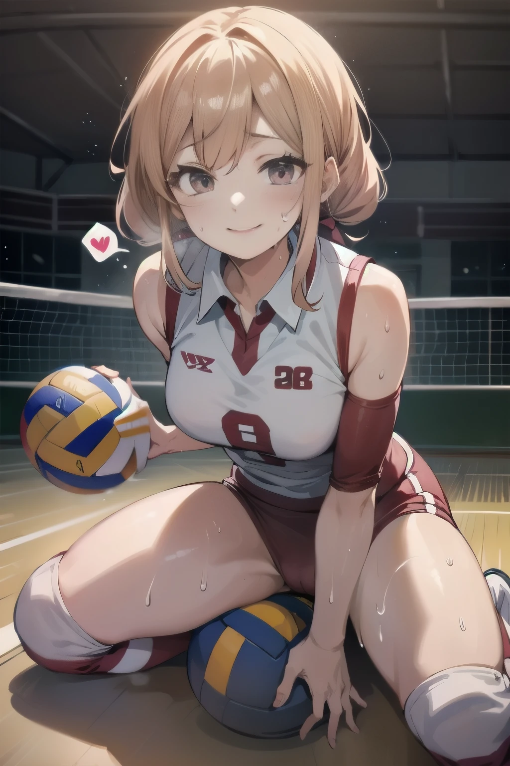 unity 8k wallpaper, anatomically correct, (((masterpiece))), (((best quality))), (((ultra detailed))), (((high-resolution))), ((Ultimate cutie)), perfect hands, perfect finger, (((good anatomy))), detailed beautiful face, shiny hair, (((gyaru))), (potbelly), (curvy), medium breasts, ((Thick thighs)), (((solo))), ((seductive smile)), (((blush))), 
BREAK, (((sit astride the perfectly spherical shape 6-inch volleyball))), (((Straddling a perfectly spherical 6" volleyball))), (((Perfectly spherical 6" volleyball fits perfectly crotch))), BREAK, (((Rub the  Perfectly spherical 6" volleyball against crotch))), (masturbation), 
BREAK, (Collared volleyball uniforms), sleeveless, ((buruma)), ((kneepad)), pussy juice stained, (elbow pad), (((sweat))), (((covered in sweat))), ((deep breathing)), in Volleyball Court, indoor, lighting,  looking at viewer, full body, (spoken heart)