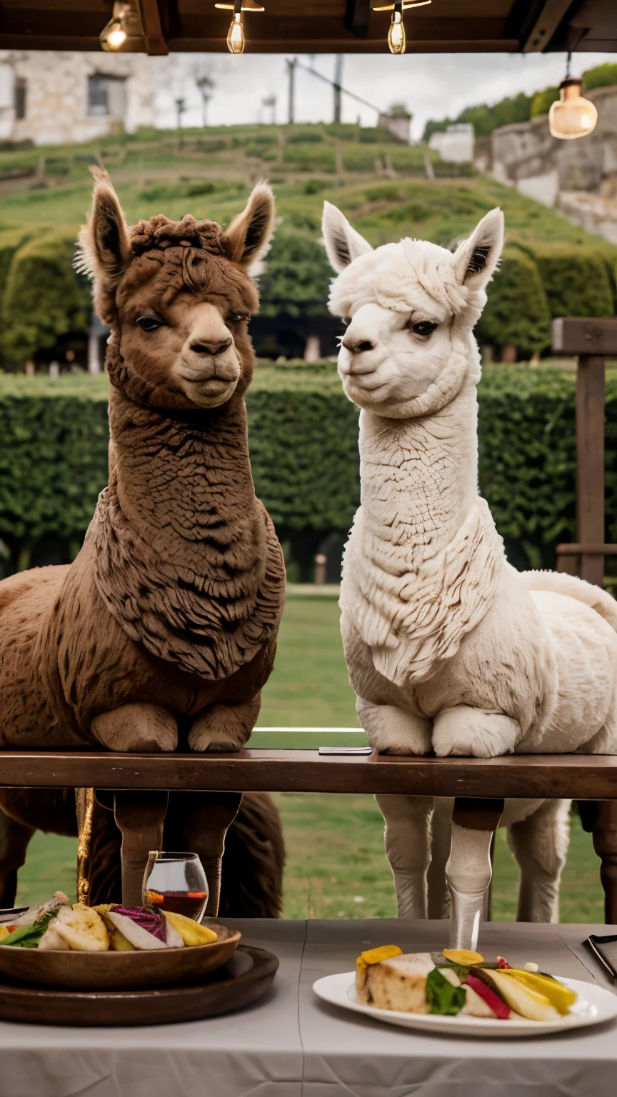 there are two llamas sitting at a table with plates of food, alpaca, alpaca sculpture, wine bar for felted animals, shot with sony alpha 1 camera, captured on canon eos r 6, taken with sony alpha 9, shot on sony a 7 iii, they are close to each other, llama, llama all the way, beautiful faces, shot on leica sl2