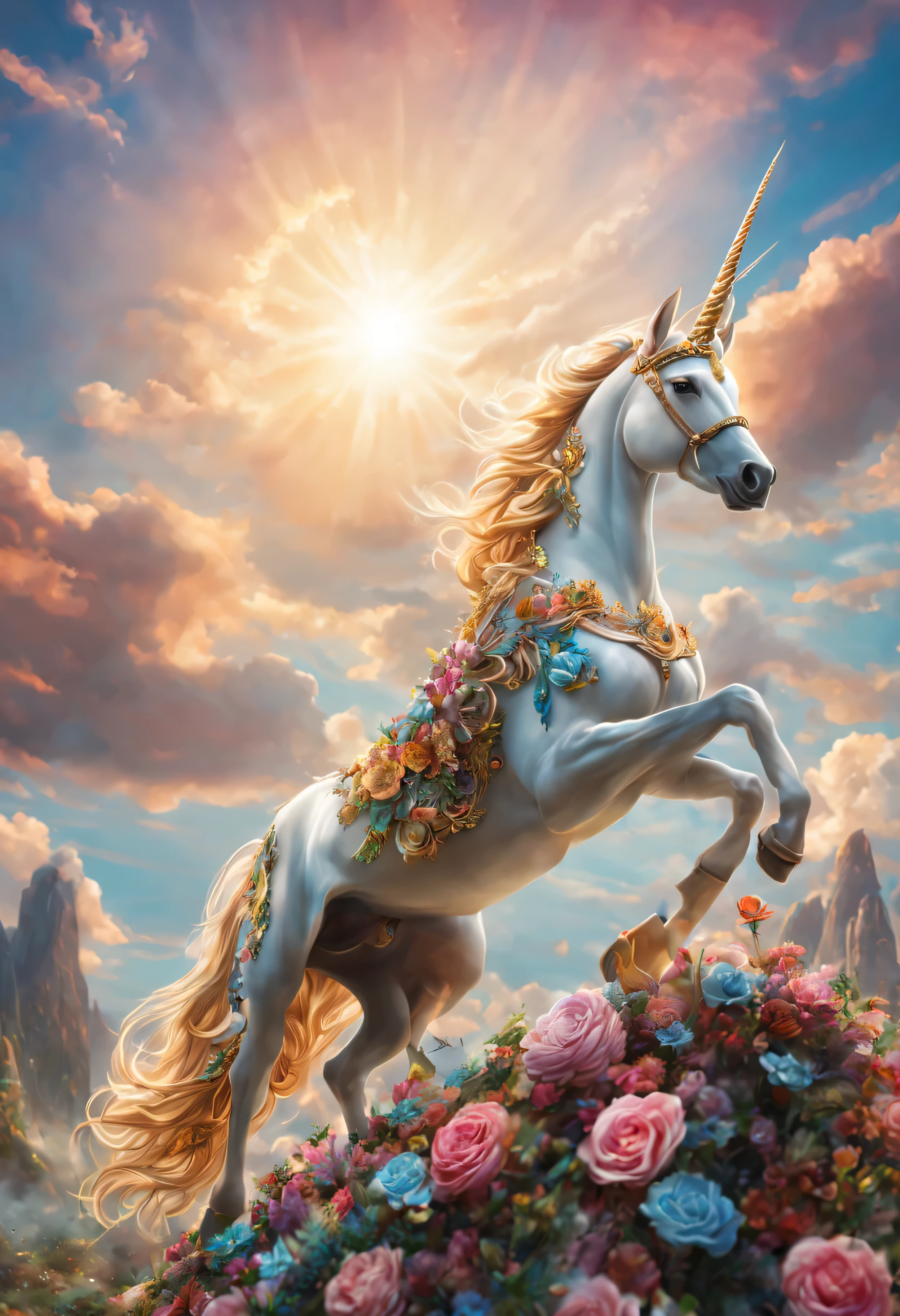 unicorn, Heaven, beautiful, super detailed, extreme details, panoramic,leap high,Wear beautiful decorations,Astonishing details, Super sharp details, superb, (masterpiece:1.2), intricate details, best quality, high quality, rich、Energetic、bright colors, 超high resolution, stills, 4k, 8K Ultra HD, extremely complex, Very detailed, Astonishing, fine details, high resolution, perfect, wonderful, surreal, Realistic glow, shine, shining