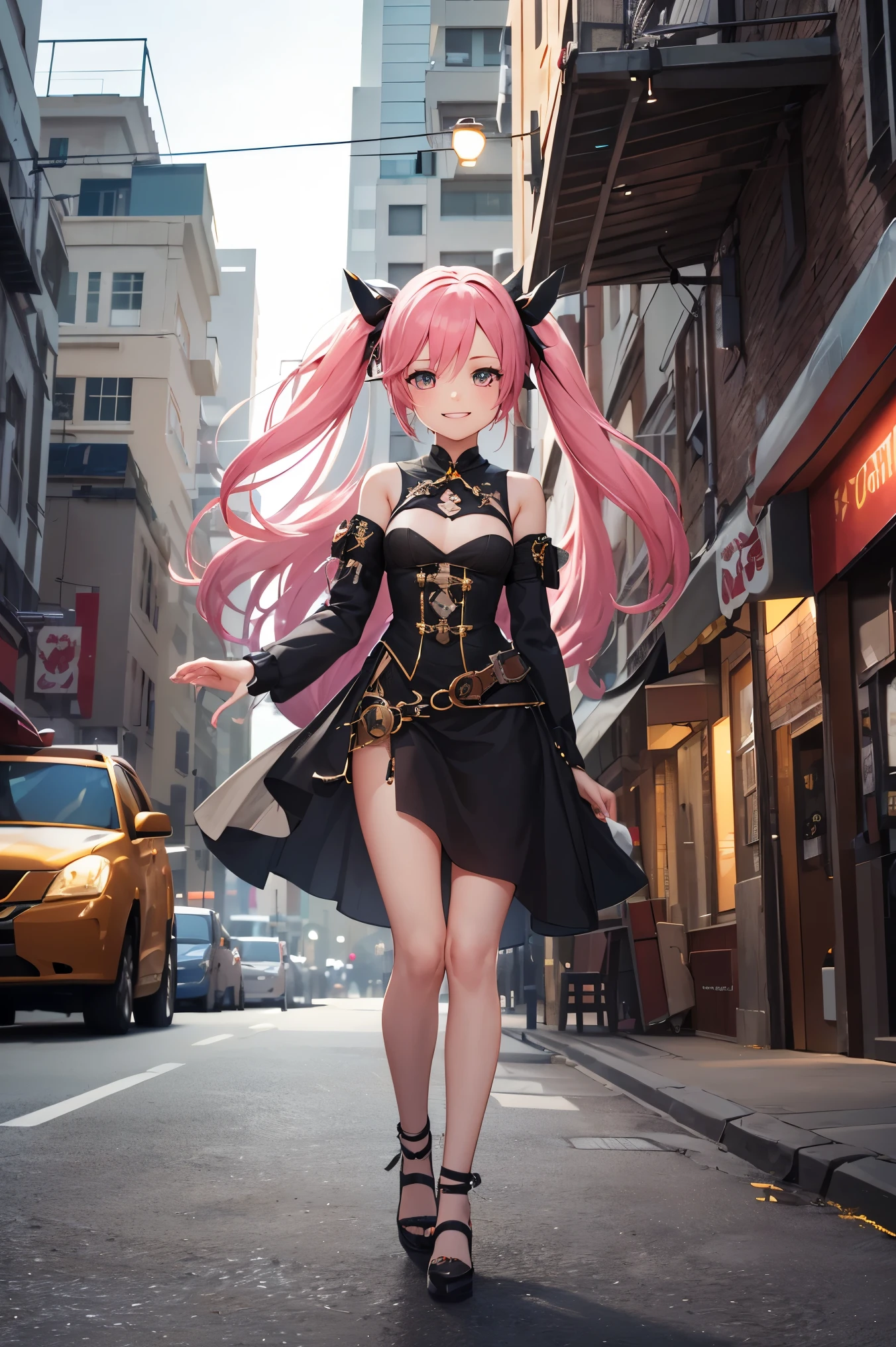 (masterpiece), best quality, high quality, 8k, wallpaper, DLSR, (ultra-detailed:0.4), (perfect face), best quality, perfect face, detailed shiny_eyes, baggy colorful clothes, clevage,colorful hair, tong showing, frontal view, modern street by night, holiday