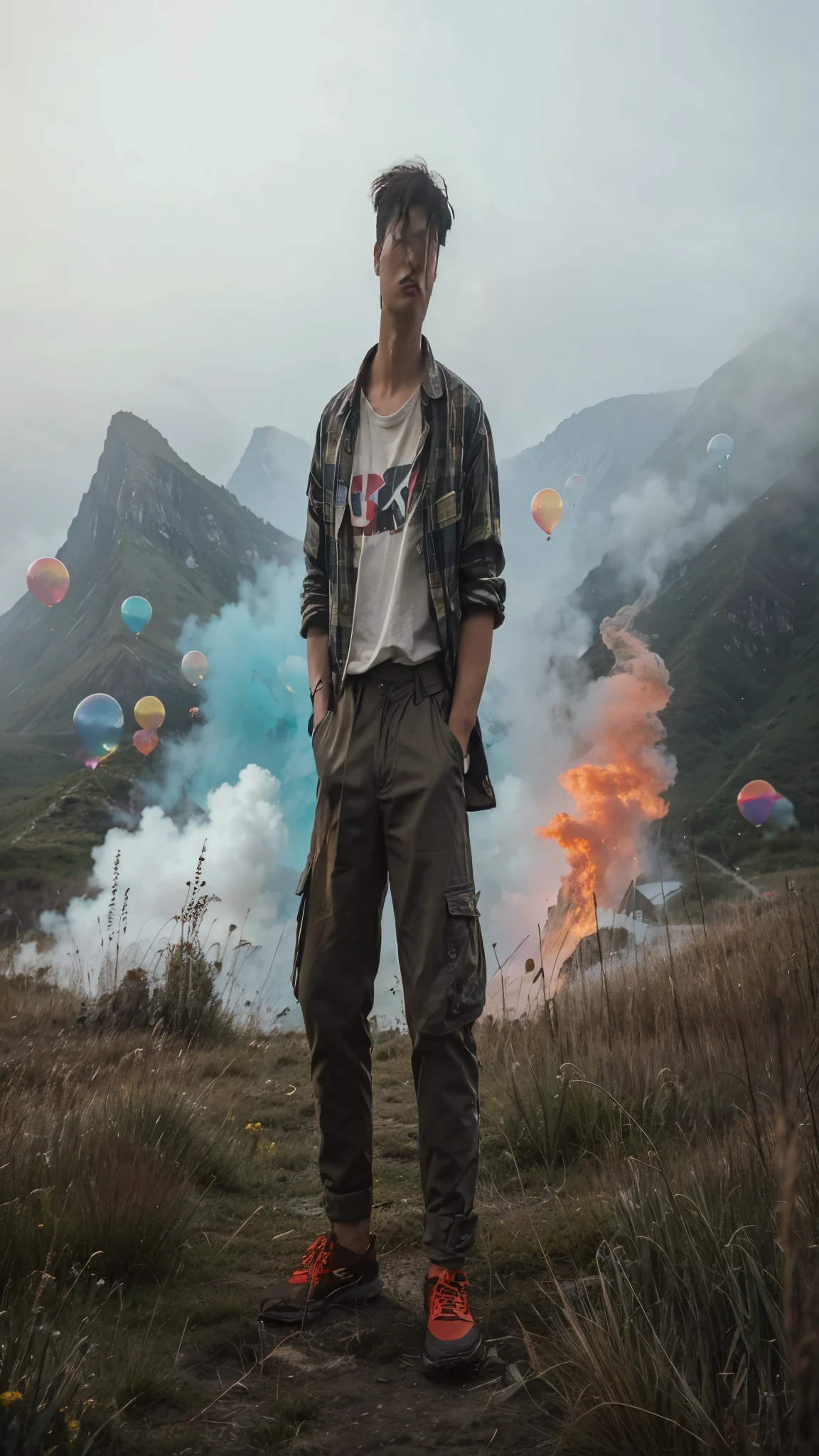 full body, cinematic portrait of an Asian man with short hair, dresse casually trousers cargo, wearing flanel a shirt with the words Roni Tri Aji and shoes booth, standing in a grassy field with mountains in the background, lonely handsome man, atmospheric portrait, standing in a grassy field and weeds, playing with bubble balloons and blowing the wind,behind you can see colorful smoke bombs,foggy background,looking to the side,focused view looking at the camera