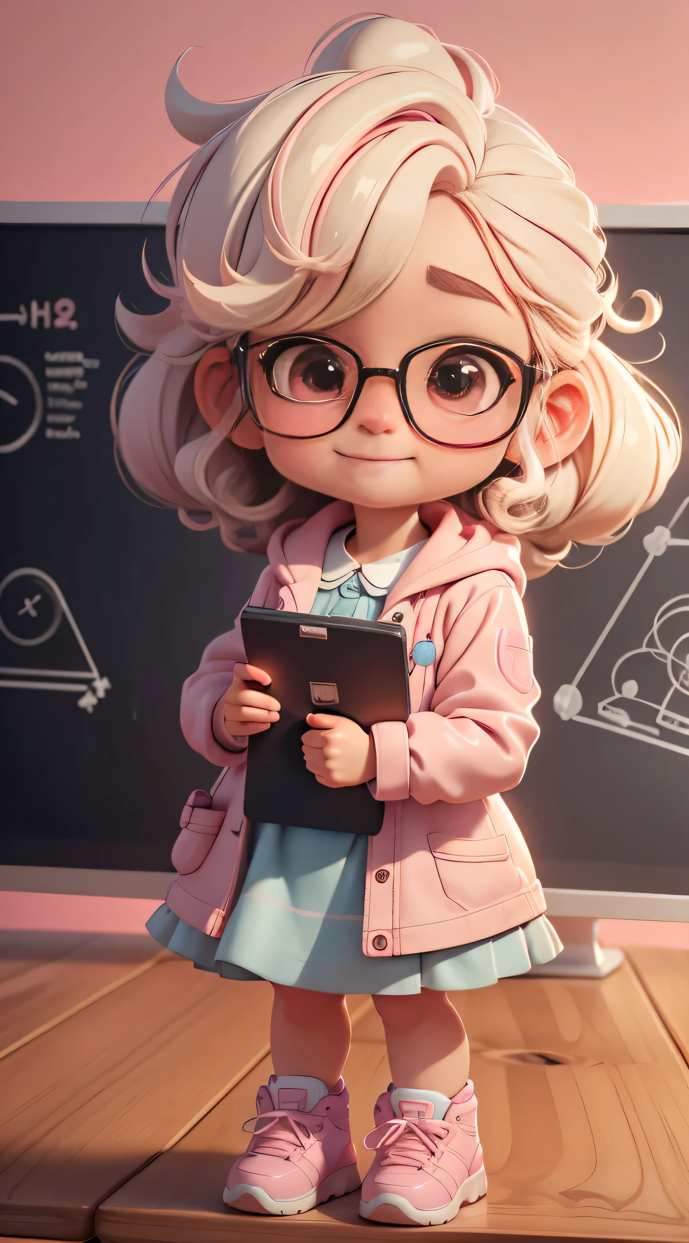 (melhor qualidade,high resolution,ultra-detalhado,profissional:1.2),Cute anime chibi baby(thick solid contour,chibi style body proportions),segurando um quadro-negro(moldura de madeira,erasable black surface) on the back of the adorable chibi baby is written "Prof..:.JANAINA/chemical“ ela segura o quadro acima da cabeça(letras de giz,Efeito 3D), pink lab coat outfit with ultra-chemical details,white chalk Efeito 3D, faixa colorida,Olhos brilhantes, doce sorriso, bochechas rosadas,Long eyelashes,pele macia e suave, cores vibrantes,happy and energetic expression,flawless hair, Maquiagem perfeita,natural lighting,beautiful background sceneryCute baby Chibi Anime waiting sign Chalk board behind cute baby chibi is written PROF..:. JANAINA/chemical, American cheerleader style, com giz branco 3D, Create a series of cute chibi dolls, Ela tem cabelos curtos e pretos, loves realistic details of science, usa ROUND NERD glasses, dressed in a pink coat and beautiful trendy pink blue and white nike style sneakers, chibi fez uma descoberta e EUREKA, da melhor qualidade,ultra-detalhado,Realista,Science Laboratory,experimento chemical,Ultra HD, chemical equipment,cientistas trabalhando,copos,bico de Bunsen 8K,microscope,laboratory glassware,measuring cylinders,jalecos,ROUND NERD glasses ,science books,Periodic table,scientific research,descobertas,new inventions,innovation,aprendizado,education,Scientific culture wears coat with details of pink buttons and brooches, rosa, her coat is charming and cute with ultra chemical details ,Curiosidade,Technological advancements,cores vibrantes,soft lighting,modern laboratory,atmosfera nerd,laboratory instruments,hypothesis testing,Scientific method,symbolic representation,Critical thinking,experimentos ,precision,precision,detalhes intrincados,impressive scientific setup,elementos naturais,exploration of the mysteries of science,desvendando os segredos da natureza. Baby chibi is happy and excited, remember to use chemical laboratory glassware, Quad