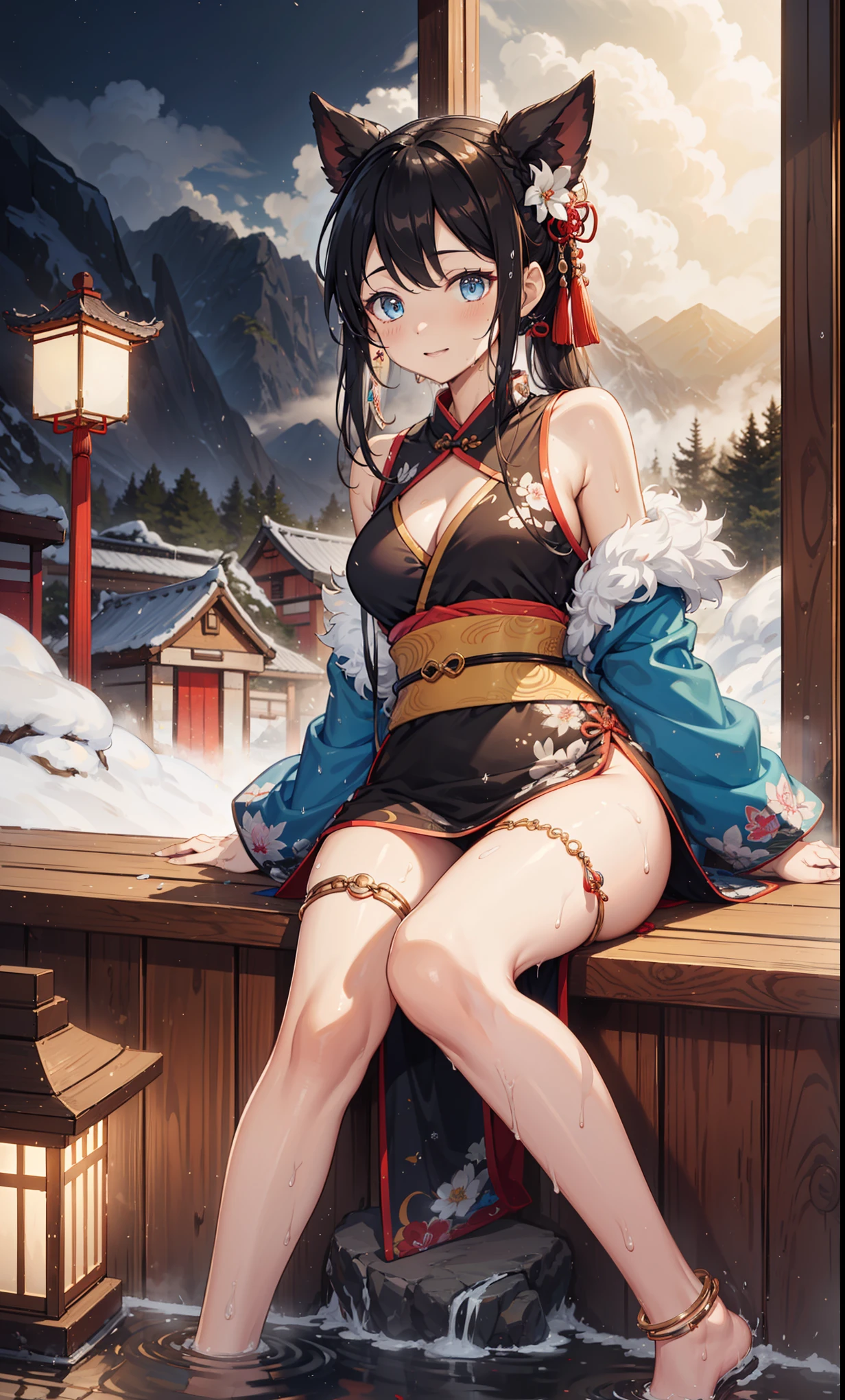 top quality，best resolution，(Drenched white long cheongsam），Super detailed, She has a white twin tail，girl，charm，Design intricate clothes，blue eyes，Distant view of forest and mountains，Elegant and charming，((Wet people，Hot springs in ancient China))，(leg rings，anklet，fog)，night，little lighting，charm的姿势