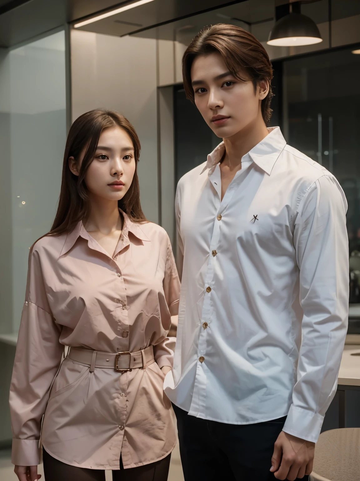 a man and a woman standing next to each other, an image, inspired by Adam Dario Keel, which is trending in the cg community, beautiful young Korean woman, blouse shirt, movie screencap, model elisajes from acquamodels