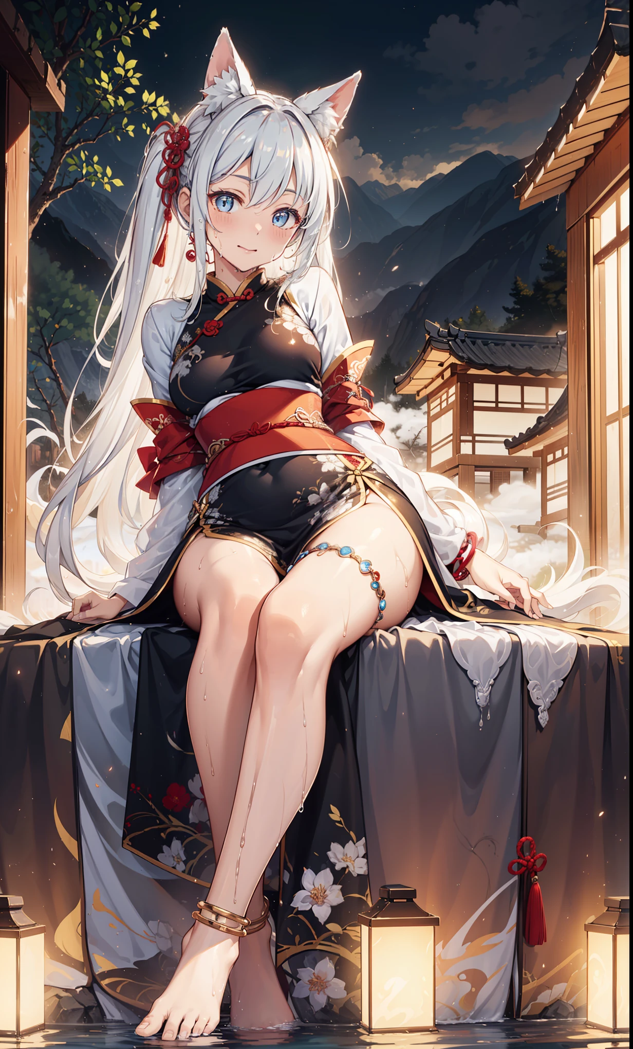 top quality，best resolution，(Drenched white long cheongsam），Super detailed, She has a white twin tail，girl，charm，Design intricate clothes，blue eyes，Distant view of forest and mountains，Elegant and charming，((Wet people，Hot springs in ancient China))，(leg rings，anklet，fog)，night，little lighting，charm的姿势