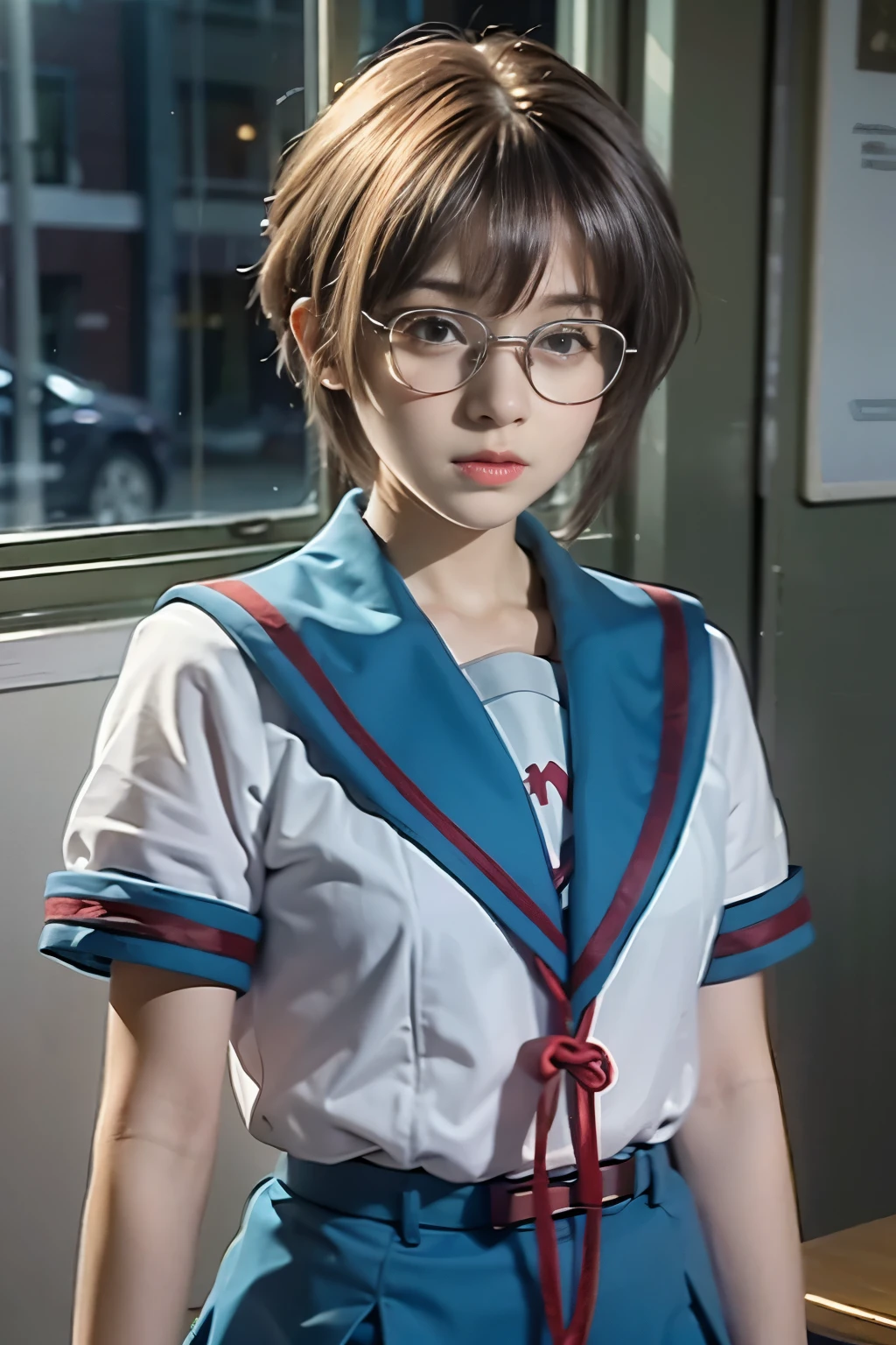 (table top, highest quality:1.2), 8k, official art, RAW photo,  glasses、(Upper body, sailor suit,:1.4), beautiful girl, idol face, pleated skirt, school uniform,  big breasts　short sleeve,  cinematic lighting, detailed face, background bokeh, One girl is suspended by one leg from a rough rope.、tied with rope、tied up tightly、tie one&#39;s hands、hanging in shackles