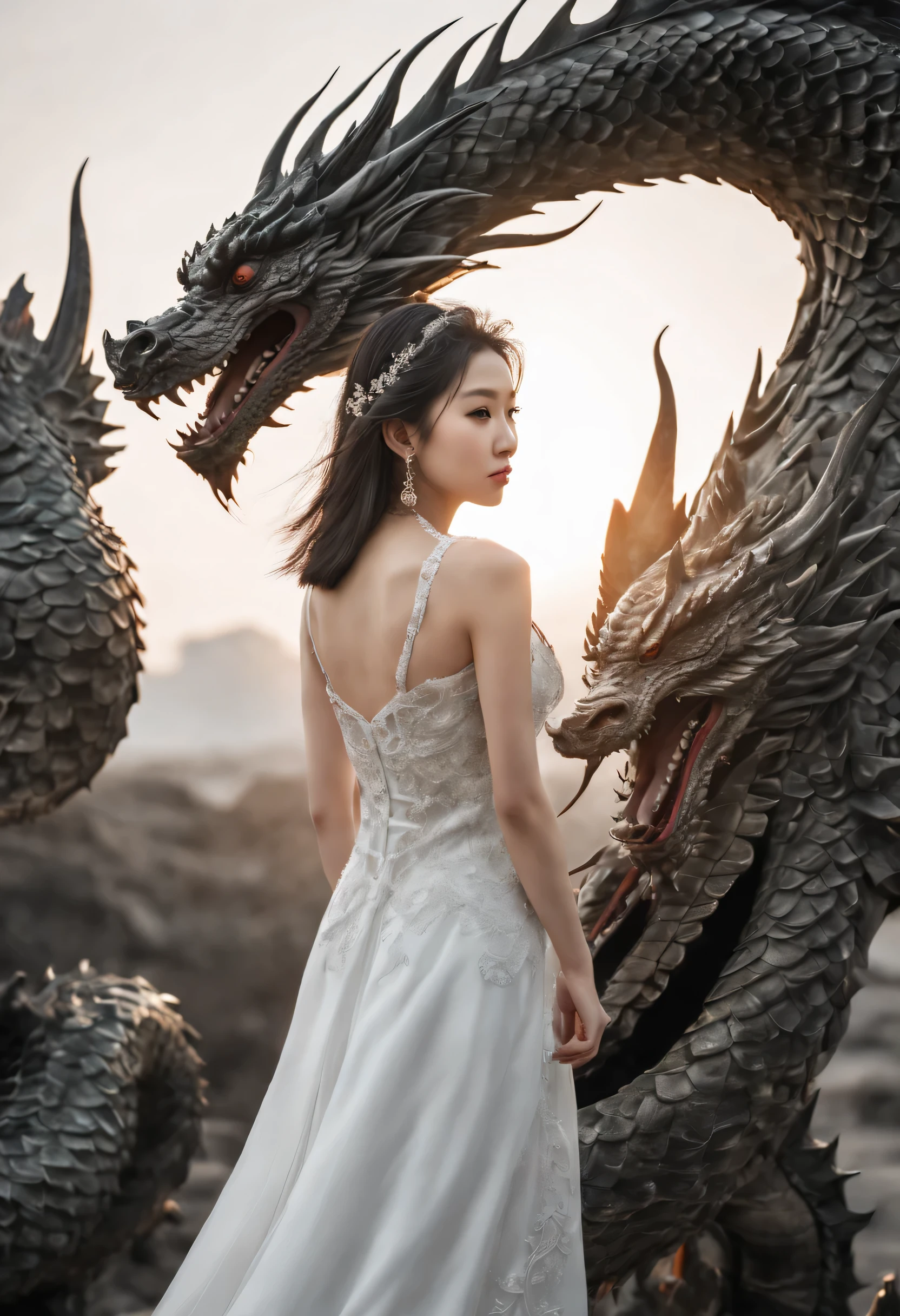 HDR, UHD, 64k portrait of a very attractive single Asian girl with beautiful emerald detailed eyes in a detailed white dress with dragons on it, she has medium-sized breasts, anatomically correct, finely detailed features, perfect body, perfectly flawless skin, super-detailed black and red dragon tattoos, (award winning, best quality), masterpiece, detailed, edgy, (dramatic, confident, mirrorless, ultra-wide angle, sunset, lifestyle editorial, black and white, high, backlit)