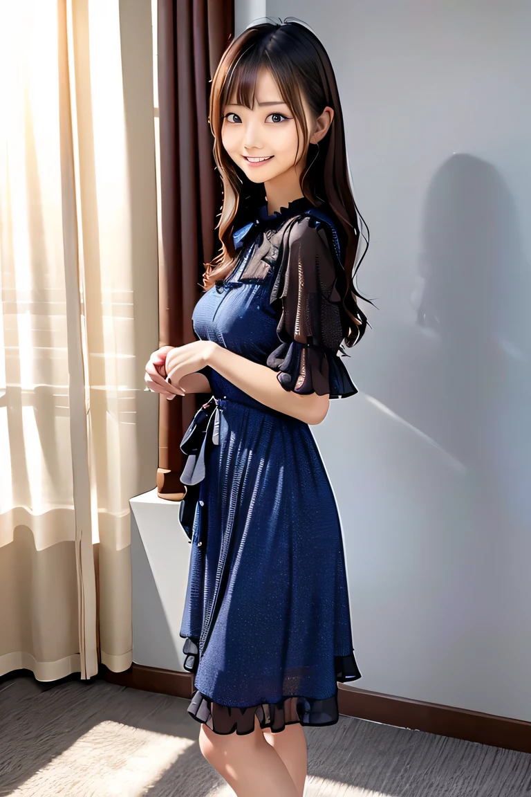 窓の前に立つwoman wearing a dress, wearing a business casual dress, With a thin waist, mix art, long dress woman, elegant dark blue dress, 輝く花のwoman wearing a dress, 3～Around 5 , flower art novel dress, light half opened dress, woman wearing a dress, ( ~ ~ side ) profile, elegant dress, stylish dress, chiffon, bangs, lips、out makeup、short eyelashes、looking at the viewer、lazy smile、realistic、High resolution、debris flies, highest quality, 8k, Beautiful woman、In detail