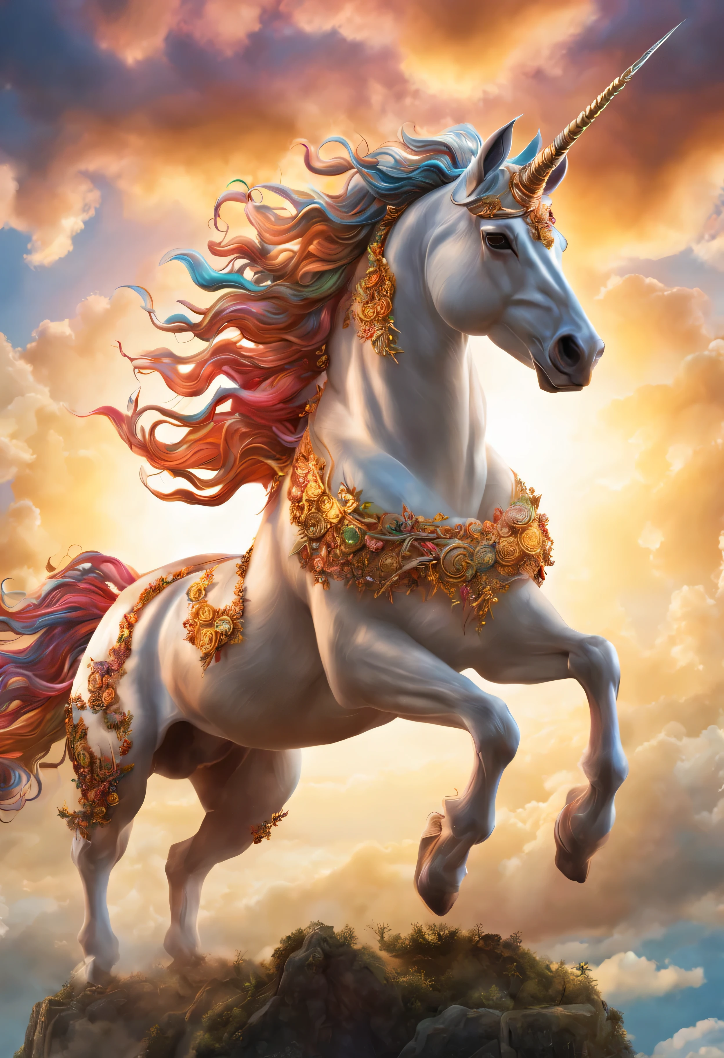unicorn, Heaven, beautiful, super detailed, extreme details, panoramic,leap high,Wear beautiful decorations,Astonishing details, Super sharp details, superb, (masterpiece:1.2), intricate details, best quality, high quality, rich、Energetic、bright colors, 超high resolution, stills, 4k, 8K Ultra HD, extremely complex, Very detailed, Astonishing, fine details, high resolution, perfect, wonderful, surreal, Realistic glow, shine, shining