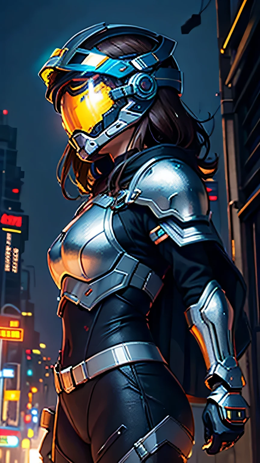 masterpiece,  最high quality, , (alone), 1 girl, look up, dim light, , horizon_(apex legend), goggles, blue eyes, brown hair, gauntlet, shoulder armor, ((Helmet)), (science_fiction), outdoors, street, neon light, cyber punk, masterpiece, 最high quality, high quality, High resolution,