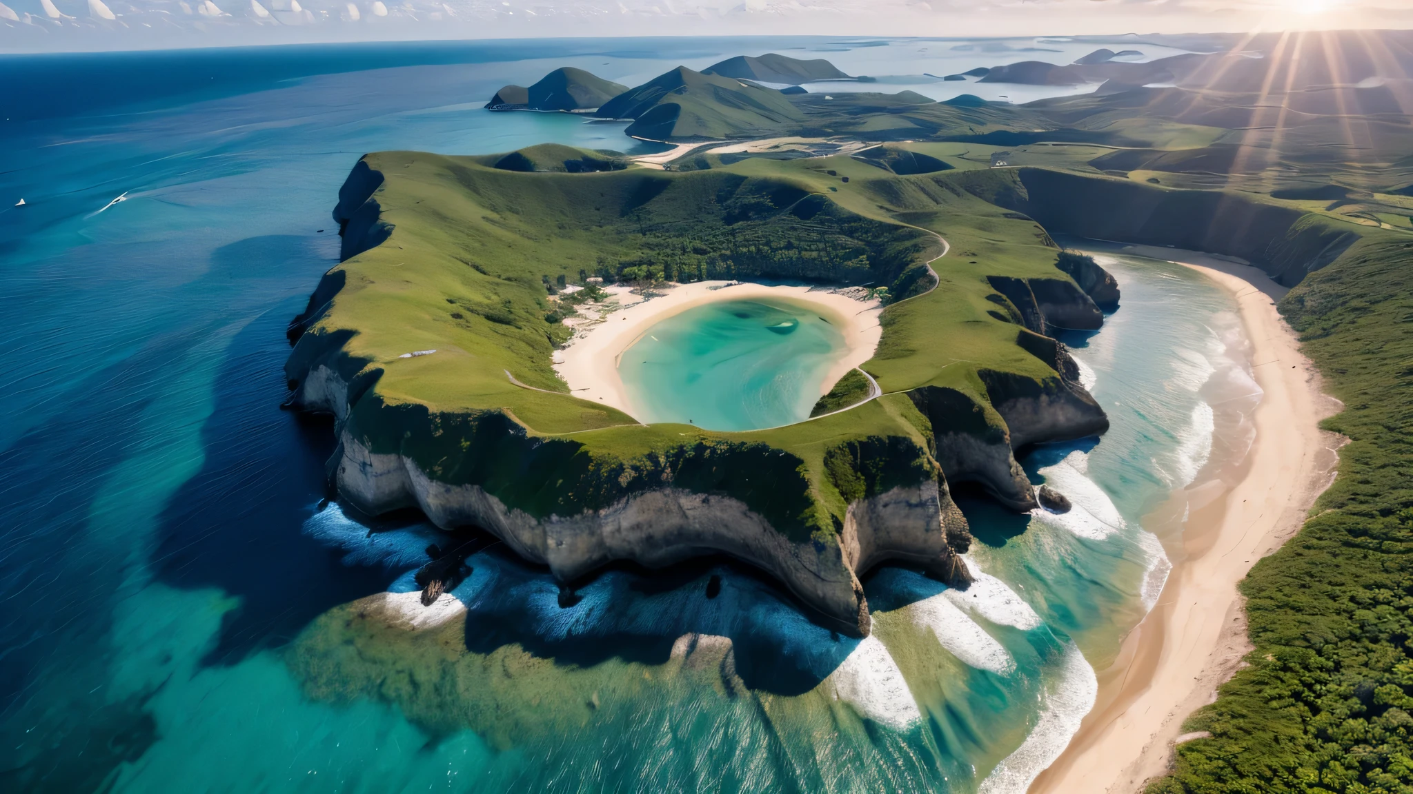 Images de drones, we see the mother and some islands scattered everywhere. Sur ces îles on peut distinguer beaucoup de palmiers. le soleil'the rays are rather yellow.