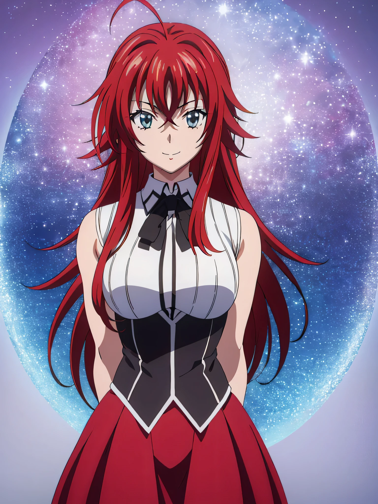 (((picture perfect))), (absurdres), 1girl, solo, rias gremory, sleevless school uniform, looking at viewer, smile, (((upper body))), white background, bare arms,, arms behind back, cowboy shot,