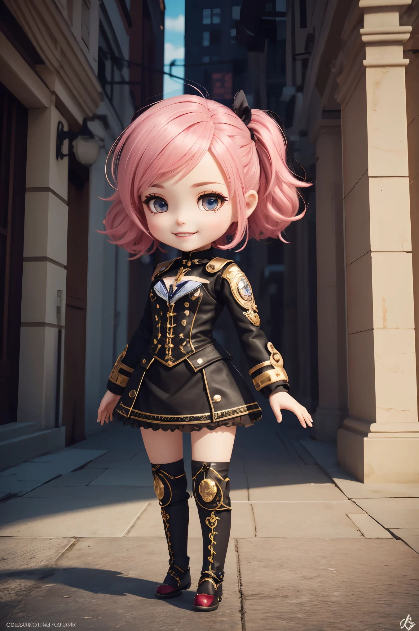 Masterpiece, Best Quality, High Resolution, PVC, Rendering, Chibi, High Resolution, Single Girl, {Aniya|Anya}, Anya Forge, Steampunk Costume, Pink Hair, Bob's Hair, Smiling, Selfish, Chibi, Chased in the City, One-Handed Magnifier, Smile, Smile, Self Justice, Full Body, Chibi, 3D Character, Toys, Doll, Character Print, Front View, Natural Light, (Real Quality: 1.2), Dynamic Pose, Cinematic Lighting