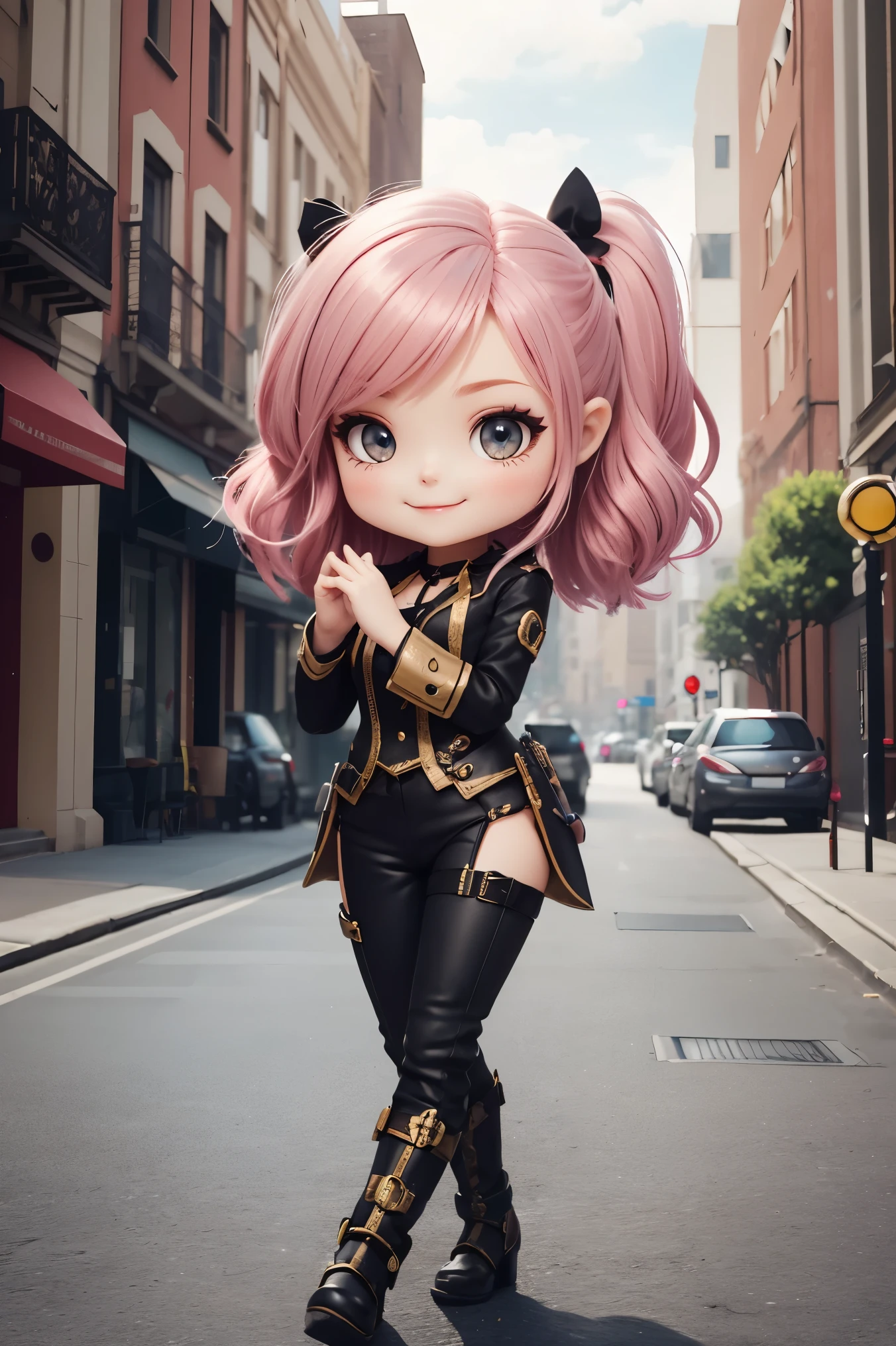 Masterpiece, Best Quality, High Resolution, PVC, Rendering, Chibi, High Resolution, Single Girl, {Aniya|Anya}, Anya Forge, Steampunk Costume, Pink Hair, Bob's Hair, Smiling, Selfish, Chibi, Chased in the City, One-Handed Magnifier, Smile, Smile, Self Justice, Full Body, Chibi, 3D Character, Toys, Doll, Character Print, Front View, Natural Light, (Real Quality: 1.2), Dynamic Pose, Cinematic Lighting