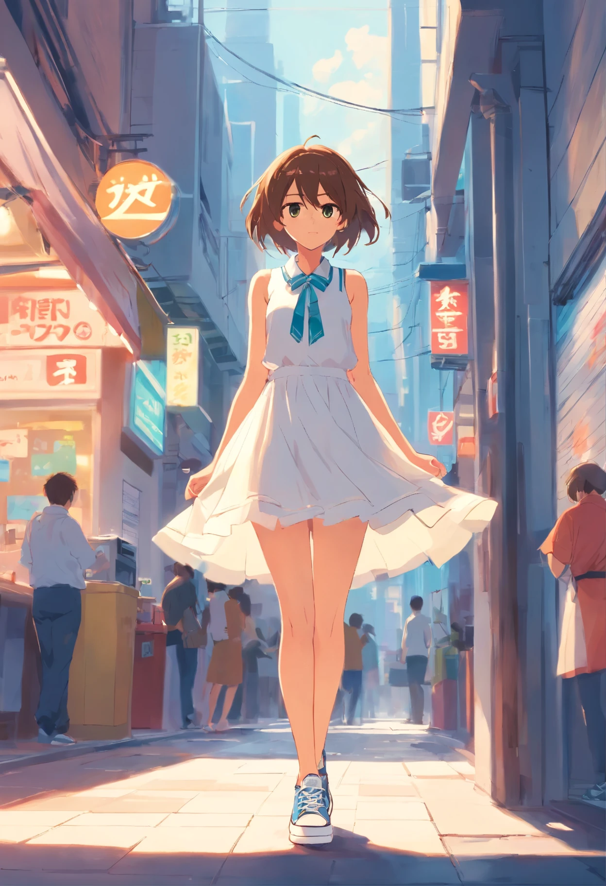 prompt : beautiful,sexy 2D girl in a short white sleeveless dress, with big breasts and wearing converse shoes