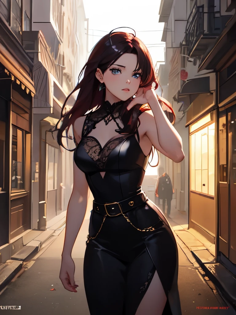 anime picture of a woman with blue eyes dark red hair, In a formal dress, standing in the back of a street, artgerm and atey ghailan, detailed digital anime art, character art, artgerm, digital anime illustration, extremely detailed artgerm, detailed anime girl, rossdraws, character, detailed anime character art, stunning anime face.