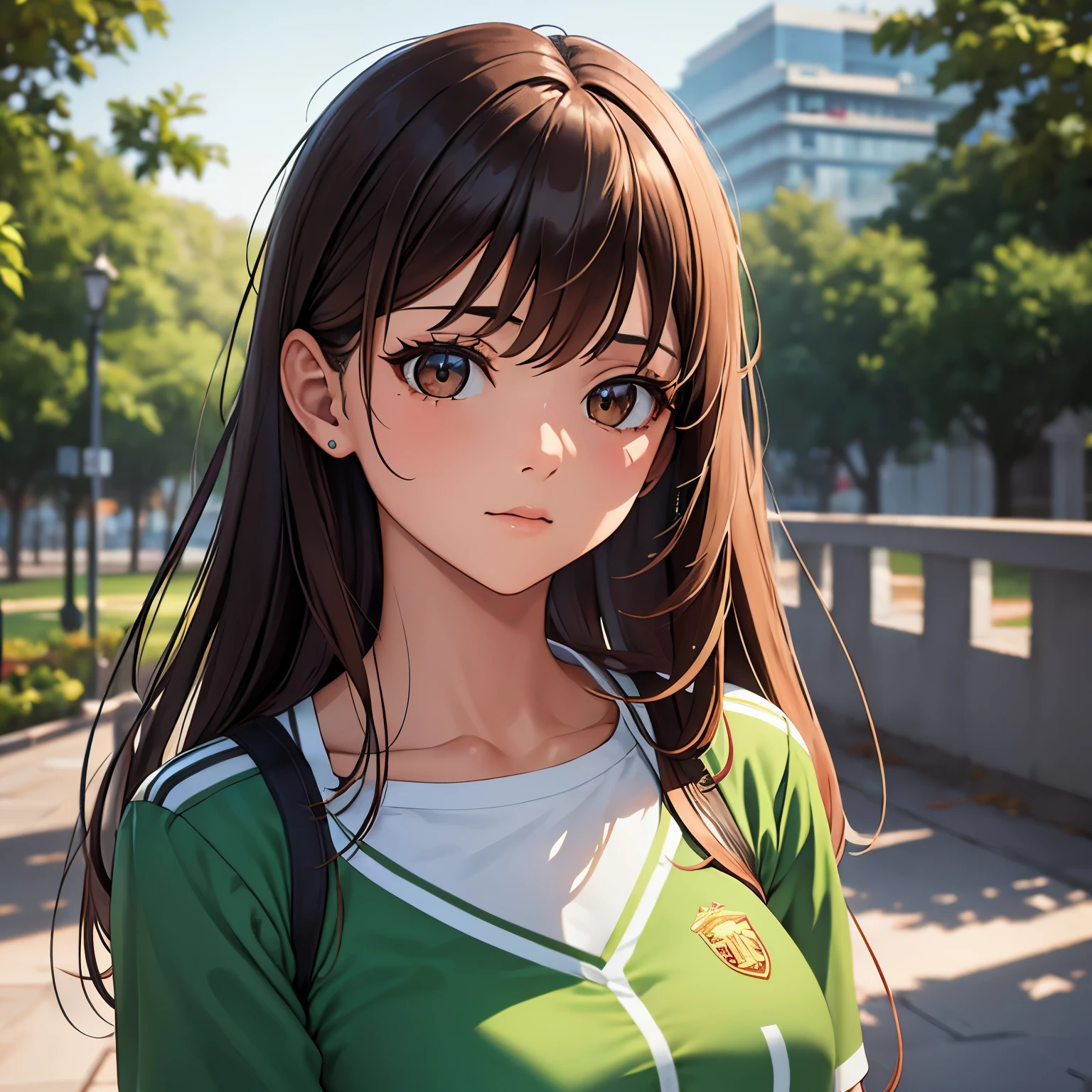 Mirando al frente, Chica hermosa, long brown hair, ojos verdes y cuerpo atractivo y pechos grandes, ropa uniforme camisa blanca y falda corta