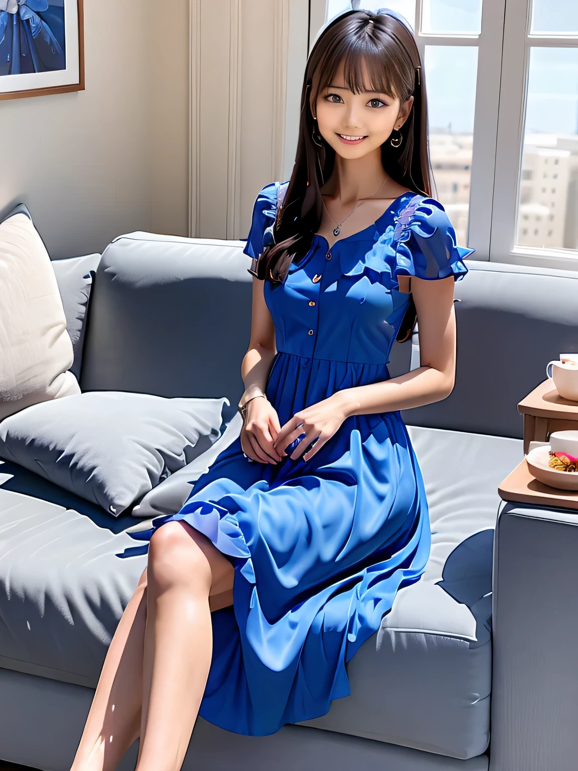 a woman sitting on a couch wearing a blue dress, blue silk dress, wearing a blue dress, stylish dress, wearing a flowing dress, korean female fashion model, simple dress, flowing dress, soft silk dress, long dress woman, wearing a blue dress, flock, sky blue dress, romantic dress, wearing a cocktail dress, wearing a summer dress, bangs