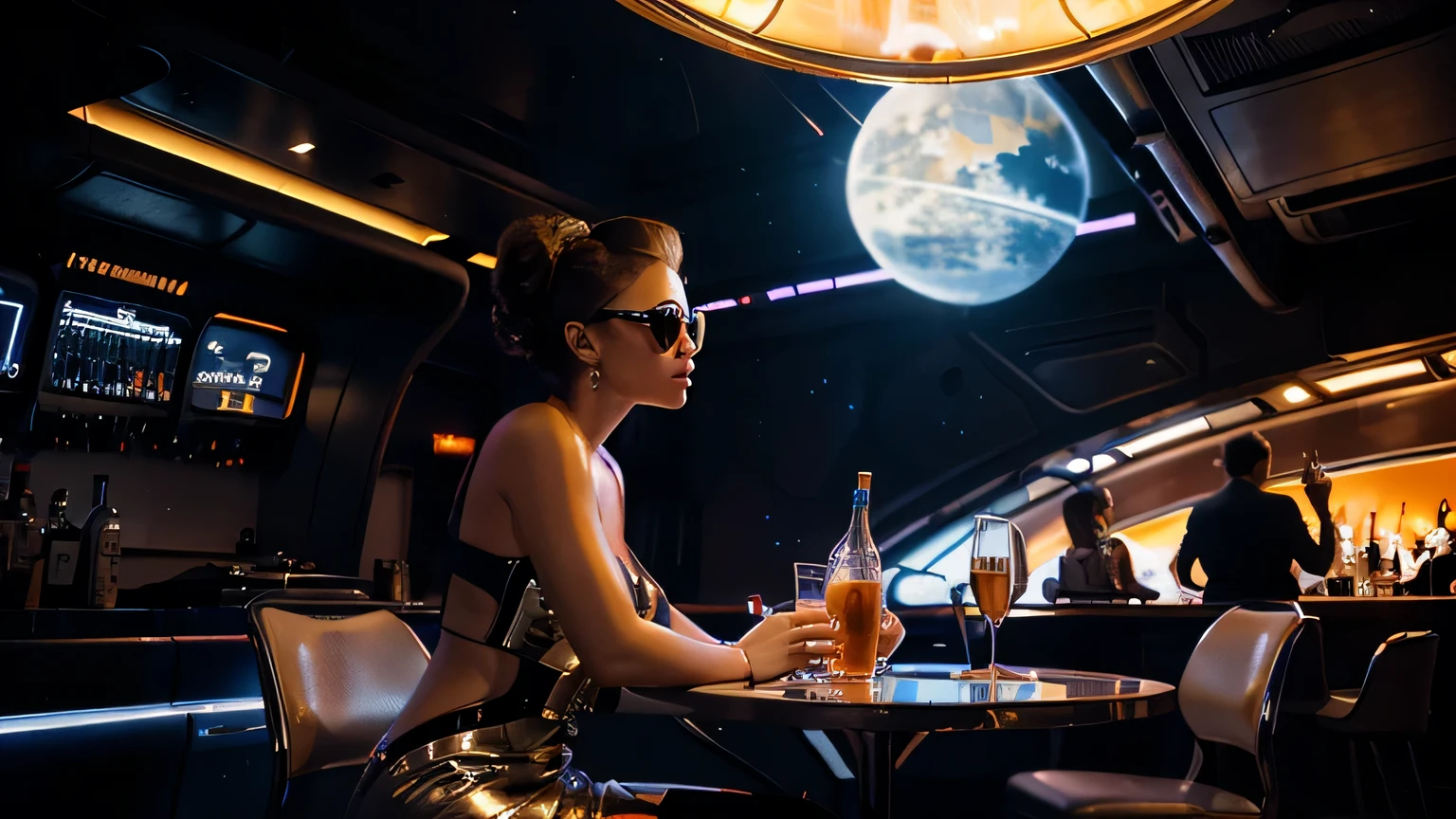 create a futuristic Jazz Bar on a starship with robot bartender and a jazz band on stage in the background. Style is photorealistic. Girl sitting at a table with sun glasses on with a futuristic drink on the table. You can see a large circular window out the side of the starship with stars and planet outside