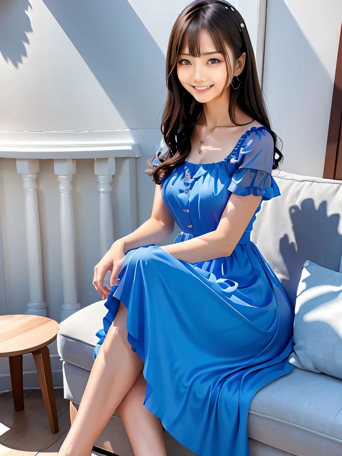 a woman sitting on a couch wearing a blue dress, blue silk dress, wearing a blue dress, stylish dress, wearing a flowing dress, korean female fashion model, simple dress, flowing dress, soft silk dress, long dress woman, wearing a blue dress, flock, sky blue dress, romantic dress, wearing a cocktail dress, wearing a summer dress, bangs