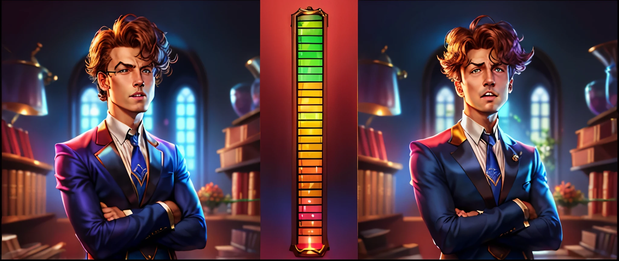 il y a deux photos d&#39;un homme en costume et cravate, capture d&#39;Écran du PC, capture d&#39;high quality screen, background bar, library background, standing inside a magic library, background artwork, background = library, cinematic volume lighting, page scroller, capacity image, magic lab background, page scroller game, inspired by Tim and Greg Hildebrandt, Écran de chargement, put to the&#39;high resolution scale