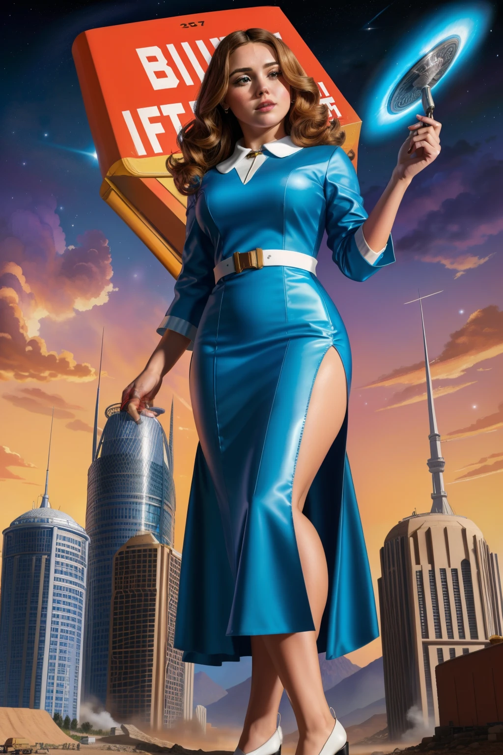 (Obra maestra, Mejor calidad), Fondo de pantalla 8K, muy detallado, poster, antiguo sci-fi film, 1960s, a magazine cover with sexy giant nurse towering over a Small Town, cinematic movie poster, cara perfecta, Ataque de la mujer de 50 pies, Elizabeth Olsen, Mujer gigante, Small Town, lines, abstracto, mediados de siglo moderno, movie poster, antiguo, uniforme de enfermera blanco, STILE HEEL SHOES, Small Town de rascacielos destruidos, retrofuturism, pulp sci fi, pulp sci-fi, 60s pulp illustration., scifi pulp, arte de portada de libro pulp, pulp scifi, antigua portada de comic pulp retro, Pulp science fiction, pulp science fiction illustration, antiguo scifi, skyscrapers the size of below your knee