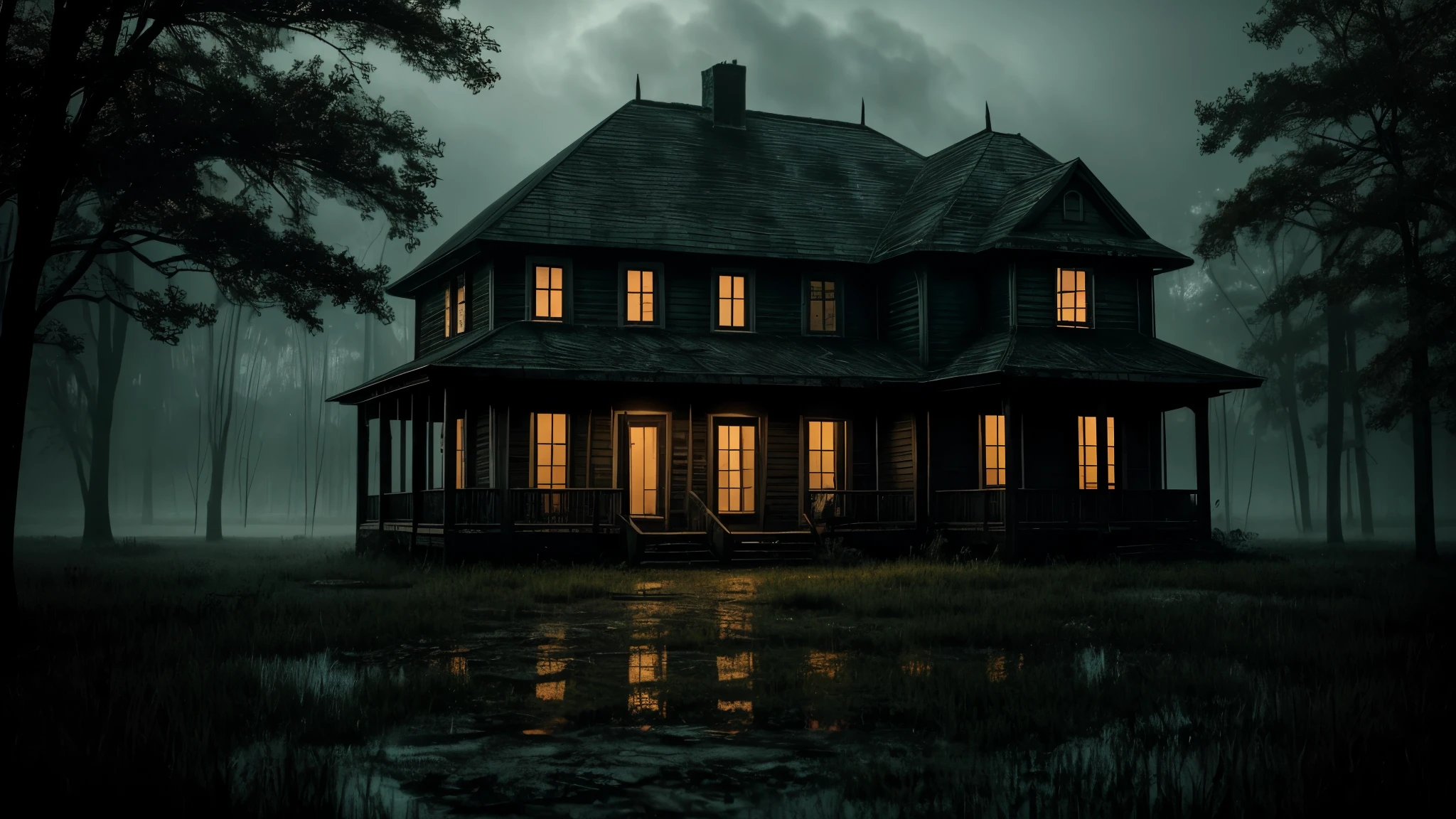 Haunted house seen up close in the middle of a macabre swamp. It&#39;s a very dark night and the sky is cloudy and there is fog in the place. floor is wet. cinematographic, 8k, Realistic