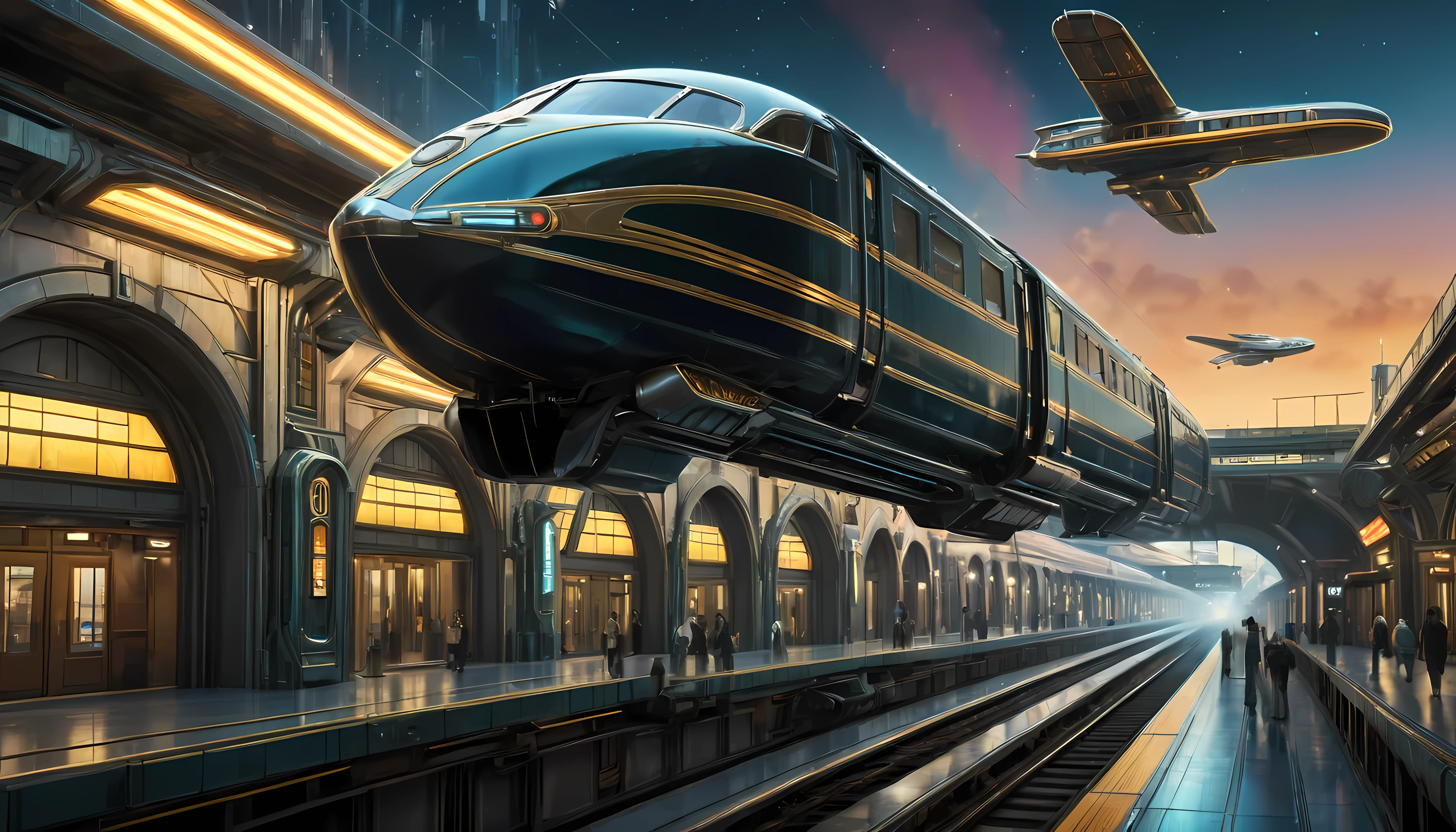 art deco style flying train, art deco style science fiction, background is floating train station.
(best quality,4k,8k,highres,masterpiece:1.2),ultra-detailed,(realistic,photorealistic,photo-realistic:1.37),HDR,UHD,studio lighting,ultra-fine painting,sharp focus,physically-based rendering,extreme detail description,professional,vivid colors,bokeh.