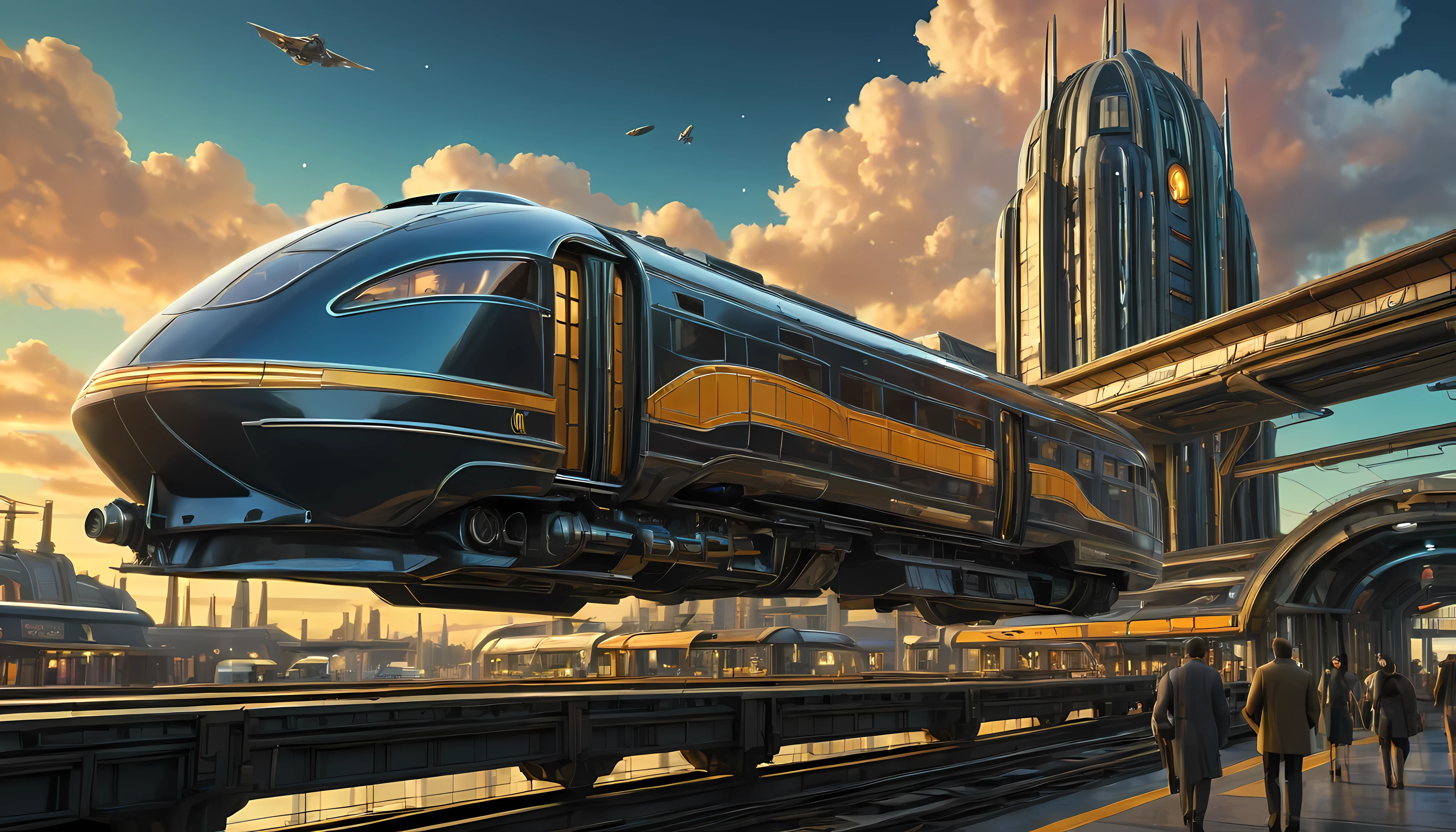 art deco style flying train, art deco style science fiction, background is floating train station.

(best quality,4k,8k,highres,masterpiece:1.2),ultra-detailed,(realistic,photorealistic,photo-realistic:1.37),HDR,UHD,studio lighting,ultra-fine painting,sharp focus,physically-based rendering,extreme detail description,professional,vivid colors,bokeh.