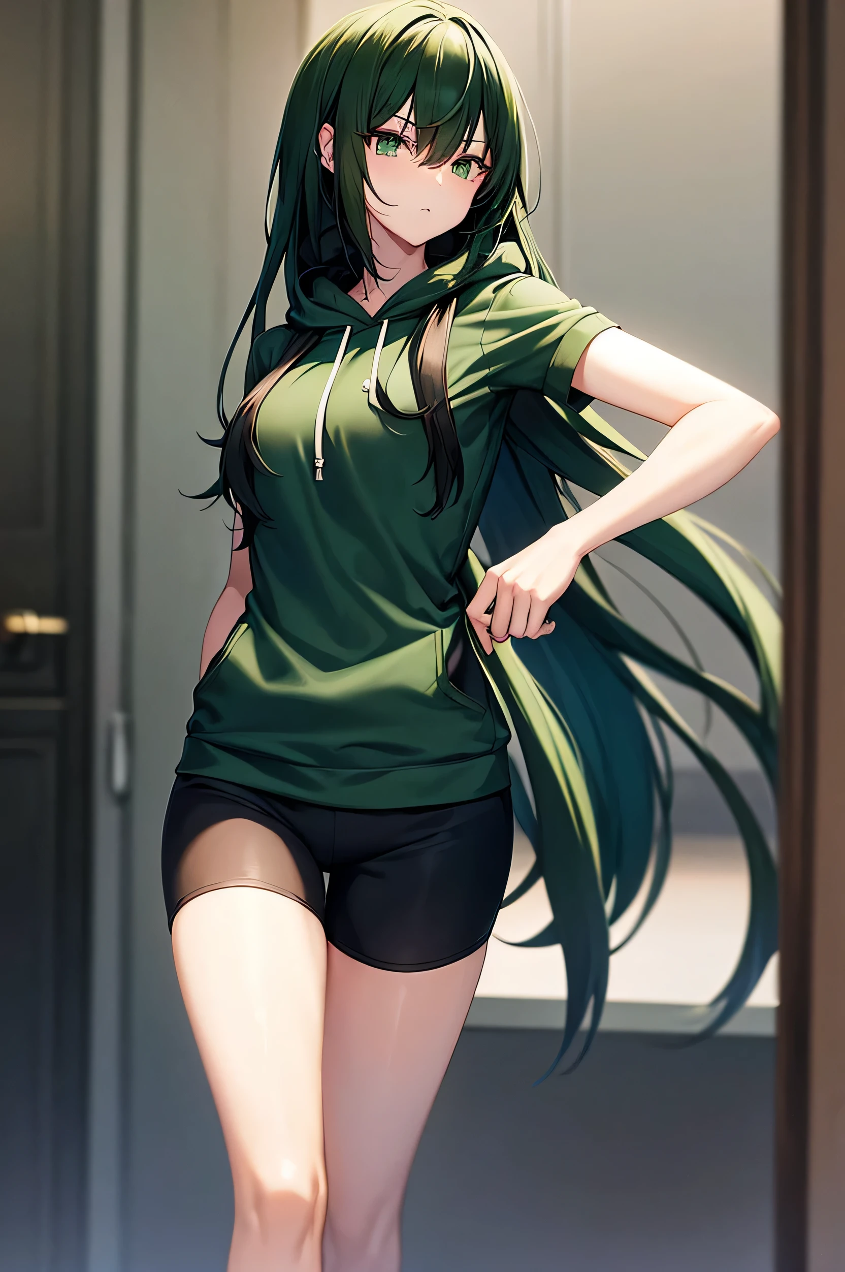 handsome slim girl with long black and green hair. wearing a long hoodie and athletic shorts. cool pose